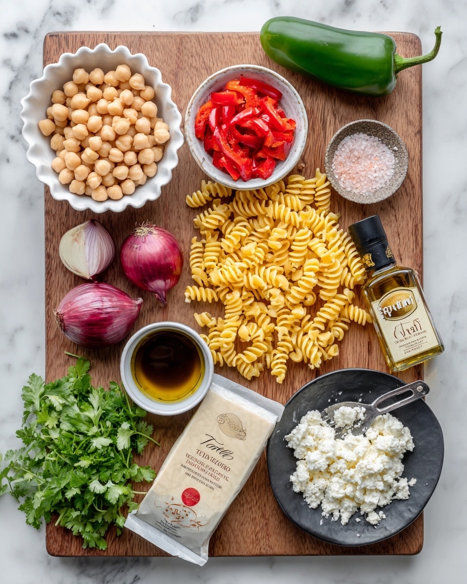 The image shows a wooden board on a white marbled surface, holding various ingredients neatly arranged. In the top left corner, there is a white scalloped bowl full of light beige chickpeas. To the right, a small white bowl contains bright red roasted pepper pieces. Next to it, uncooked yellow spiral pasta is spread beside a bag labeled