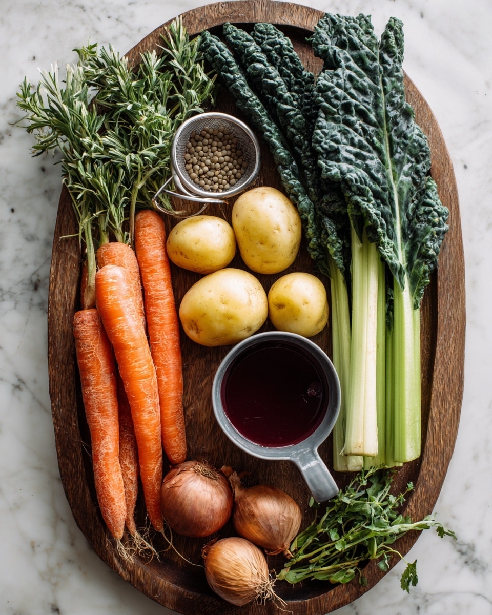 A wooden oval tray on a white marbled surface holds an assortment of fresh vegetables and herbs. At the bottom left, there are two large bright orange carrots and three small brown onions with roots. Next to the carrots, fresh dark green kale leaves extend upward. Near the center are three smooth yellow potatoes, with a small black metal strainer filled with light brown lentils placed on top. To the right, there are three long pale green celery stalks, each with leafy tops spreading out. A small gray measuring cup filled with a dark red liquid sits among the celery. Several sprigs of fresh green herbs with thin stems are scattered near the potatoes and celery. Photo taken with an iphone --ar 4:5 --v 7