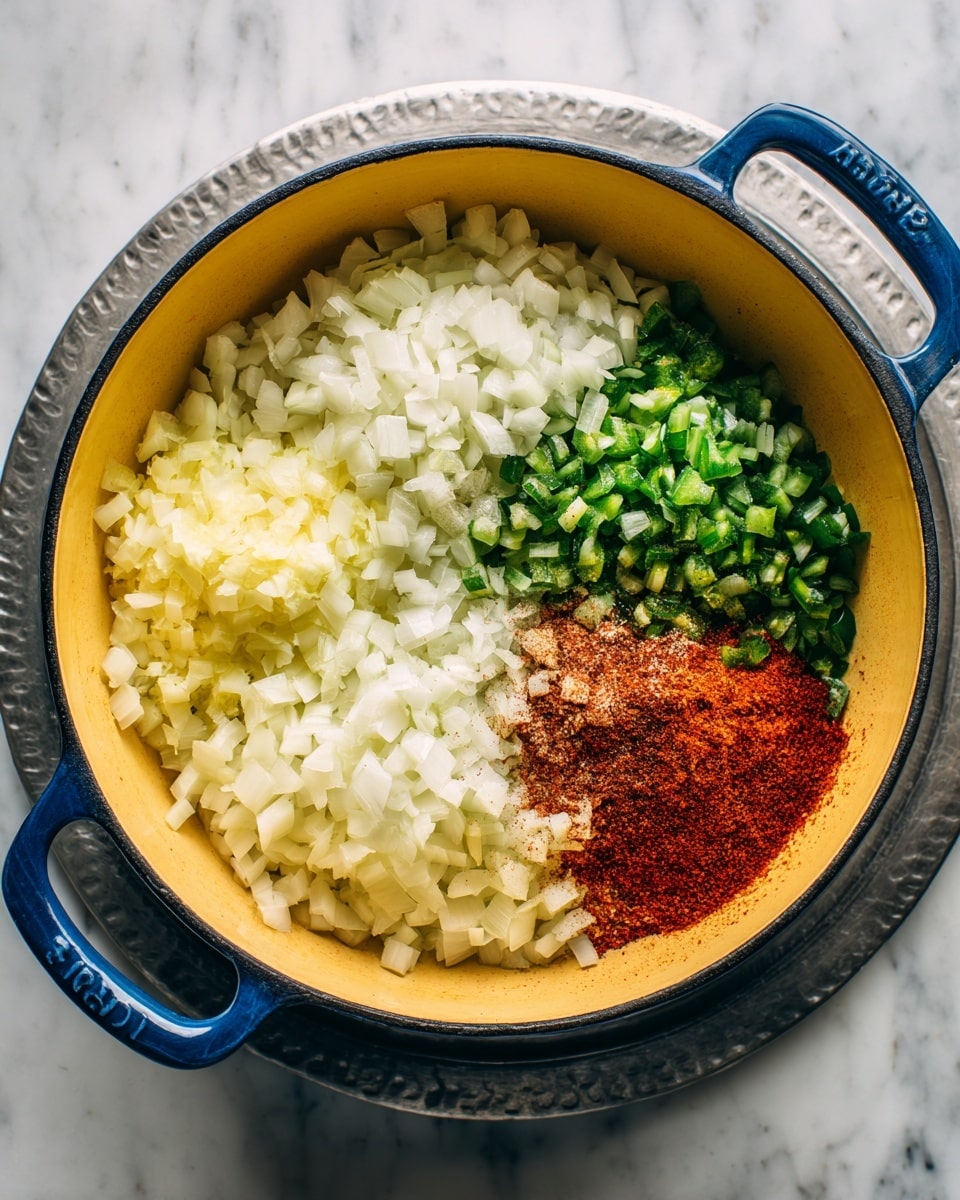 The image shows a round pot with a yellow inside and a blue rim and handle, sitting on a silver hot plate with a white marbled background. On the left side of the image, the pot is filled with a single layer of chopped white onions covering the bottom. On the right side, the pot contains three layers: a base layer of chopped white onions, a pile of finely chopped green peppers on the top left, and a mound of reddish-brown powder seasoning on the bottom right. The textures of the ingredients are distinct, with the onions looking soft, the peppers fresh and crisp, and the spice powder dry and fine. Photo taken with an iphone --ar 4:5 --v 7