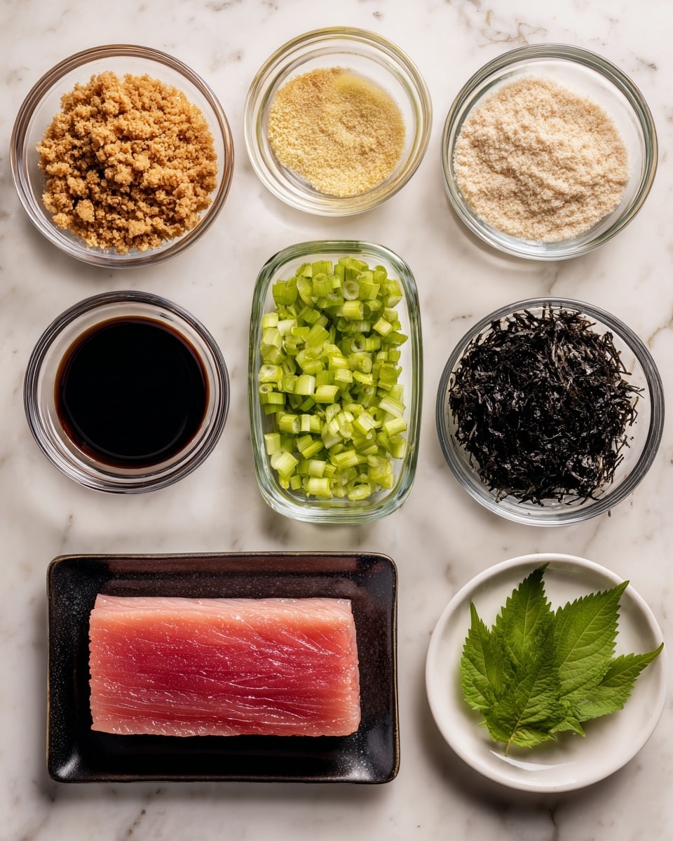 The image shows a layout of nine containers of ingredients arranged in a neat grid on a white marbled surface. At the top, three clear glass bowls contain different finely chopped or ground ingredients: the left one has toasted breadcrumbs or crushed nuts in light brown color, the middle one has a pale beige powder, and the right one has a small amount of light golden liquid. Below them are three more clear bowls, two empty and one on the right with bright green sliced spring onions. In the next row, the left bowl holds dark soy sauce with a shiny surface, the middle bowl contains black shredded seaweed, and the small white plate on the right has fresh green shiso leaves. At the bottom of the image, a rectangular black plate holds a thick, rectangular piece of raw pinkish-red fish with visible muscle lines. Photo taken with an iphone --ar 4:5 --v 7