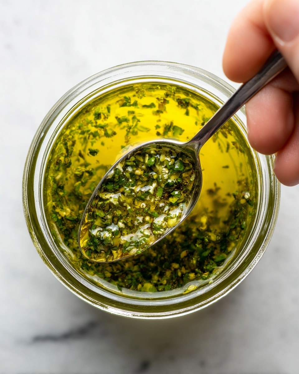 A clear glass jar filled with a green sauce that has a slightly uneven texture, with visible small chunks and herbs floating in the sauce. On top of the sauce, there is a thin layer of lighter yellow-green oil that glistens under the light. A metal spoon is partially dipped into the sauce, catching some of the liquid on its curved surface. The jar is placed on a white marbled texture background. A hint of a woman's hand holding the spoon is visible on the right side of the image. photo taken with an iphone --ar 4:5 --v 7