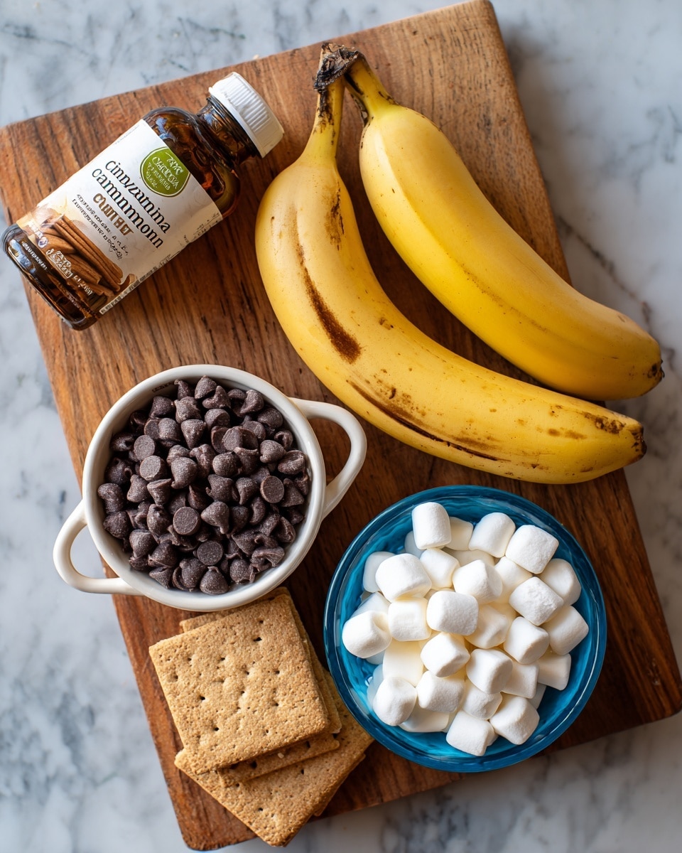 A woman's hand holds a yellow banana with some brown specks, which is sliced lengthwise to create a scoop-like space filled with white mini marshmallows and small dark chocolate chips. Behind the banana, there is a white marbled surface with a wooden cutting board that has a small white bowl filled with chocolate chips, and a blue bowl with marshmallows, as well as some scattered marshmallows and chocolate chips. The banana peel is bright and smooth, contrasting with the soft, puffy marshmallows and shiny, rounded chocolate chips nestled inside the banana's hollow. photo taken with an iphone --ar 4:5 --v 7