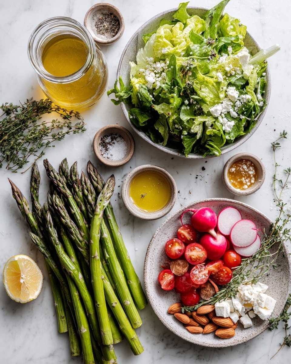 The image shows three views of a fresh asparagus salad. In the bottom main image, a white bowl sits on a white marbled surface, filled with a leafy green base of lettuce and mixed greens, topped with bright green roasted asparagus spears scattered on top. There are thin slices of radish, small chunks of red tomato, white crumbled cheese, and thin almond slices sprinkled across the salad. To the side, a wooden salad fork rests near the bowl. The top left image shows bright green asparagus pieces arranged flat in a black pan, some cut into smaller lengths. The top right image is a small clear jar with a golden salad dressing and a silver spoon inside, placed on the same white marbled surface. The overall look is fresh, colorful, and light, with vibrant greens and contrasting reds and whites photo taken with an iphone --ar 4:5 --v 7