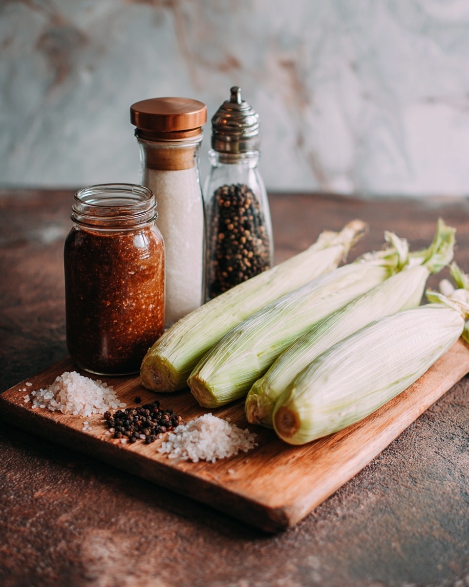 The image shows a wooden cutting board placed on a rough stone surface with a white marbled texture background. On the cutting board, there are three corn cobs with pale green husks arranged horizontally on the right side. On the left side, there are three small containers: a jar of dark peach and pepper spread in the front, a clear glass bottle of mixed peppercorns in the middle, and a salt grinder with Himalayan salt at the back. The items are close together, creating a simple and rustic food preparation scene with soft natural lighting and a blurred distant background. Photo taken with an iphone --ar 4:5 --v 7