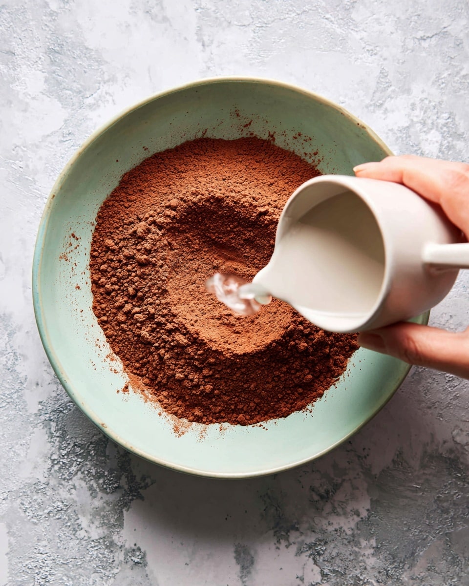 A mint green bowl filled with dry brown cocoa powder mix is in the center, with a clear liquid being poured into it from a white cup on the right side. A woman's hand holding a white spoon is stirring the cocoa mix on the left side of the bowl. The bowl is placed on a rough textured gray and white surface, which should be changed to a white marbled texture background. Photo taken with an iphone --ar 4:5 --v 7