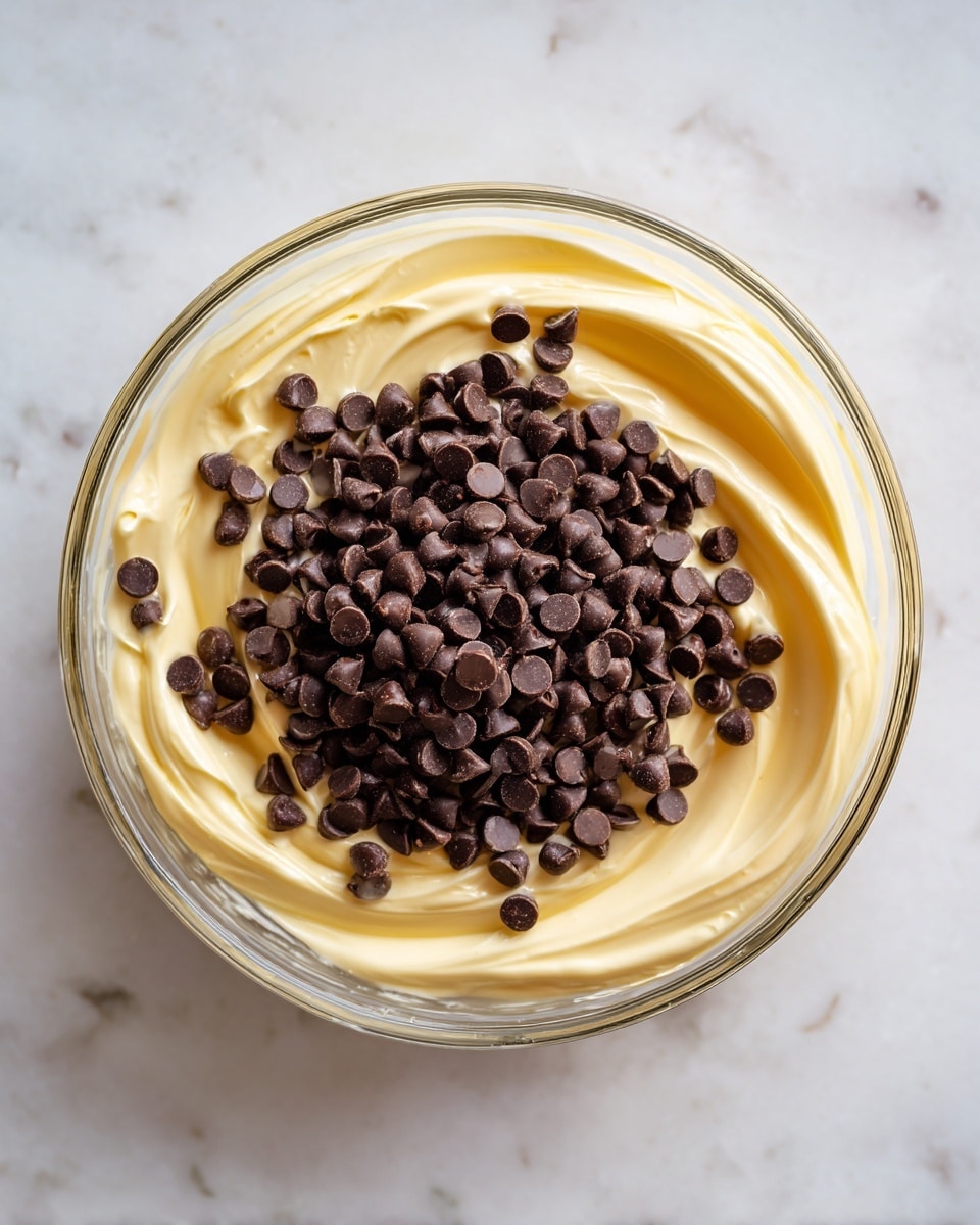A clear glass bowl filled with a creamy, light yellow mixture forming the bottom layer, topped with a generous pile of small, dark brown chocolate chips scattered mostly in the center. The creamy layer has a soft, smooth texture with visible swirls and folds around the edges. The bowl is placed on a white marbled surface, which adds a subtle textured background. Photo taken with an iphone --ar 4:5 --v 7