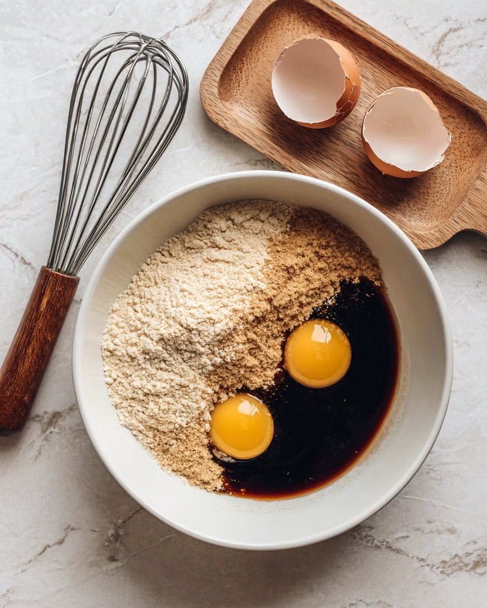 A white bowl sits on a white marbled surface, filled with three main layers: light brown powdery flour on one side, a dark brown liquid mixture next to it, and two bright yellow raw egg yolks resting on the edge of the liquid. Near the bowl, a wooden tray holds two empty cracked brown eggshells. A whisk with a wooden handle lies beside the bowl on the left. The scene shows the start of mixing ingredients. photo taken with an iphone --ar 4:5 --v 7