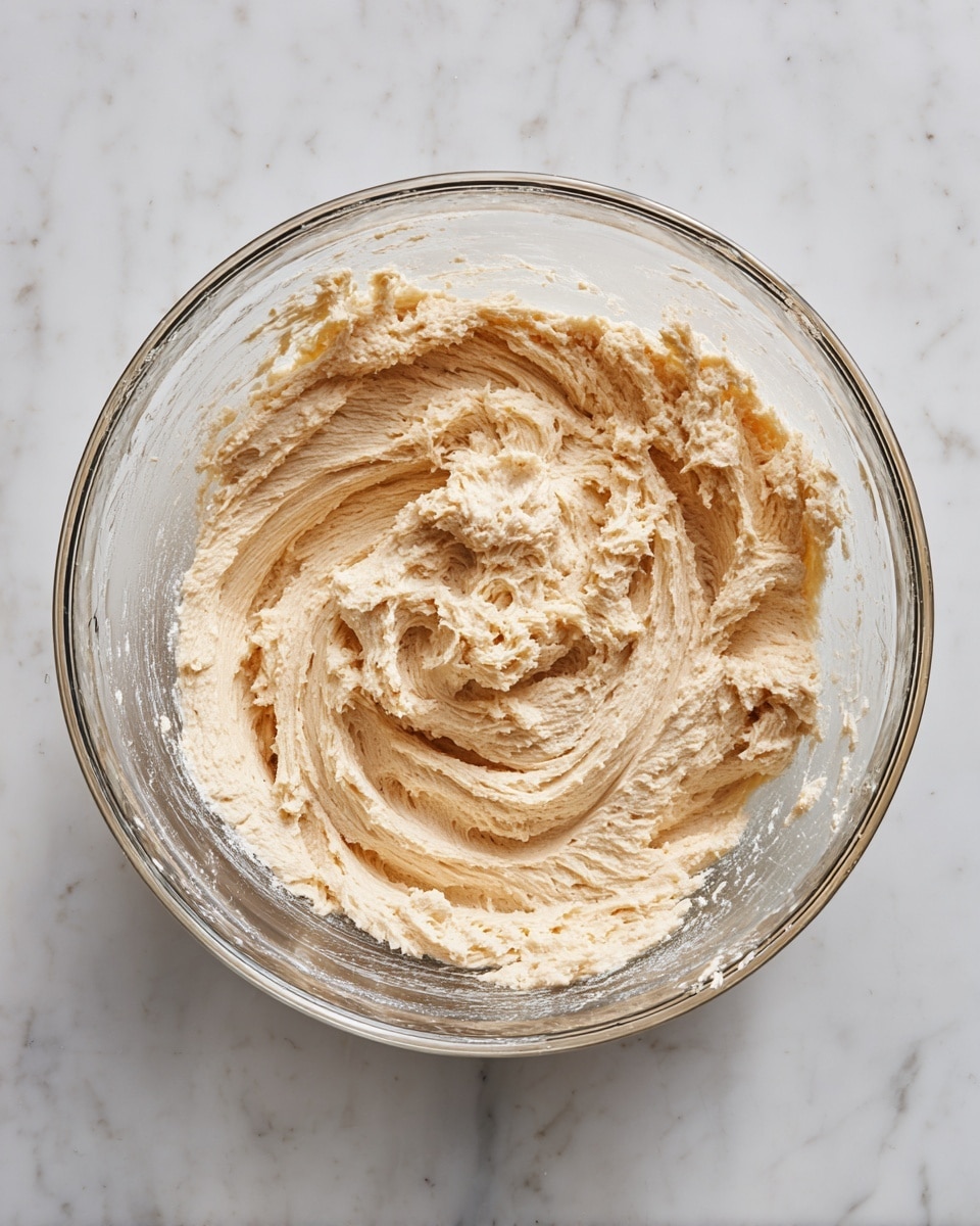 A clear glass bowl sits on a white marbled surface, containing a thick, light beige dough mixture. The dough looks soft and slightly textured, with uneven swirls and peaks around the center, showing the spots where it was recently mixed or scooped. The bowl’s transparent sides reveal the dough's smooth but slightly grainy surface, with some dough stuck near the edges. Photo taken with an iphone --ar 4:5 --v 7