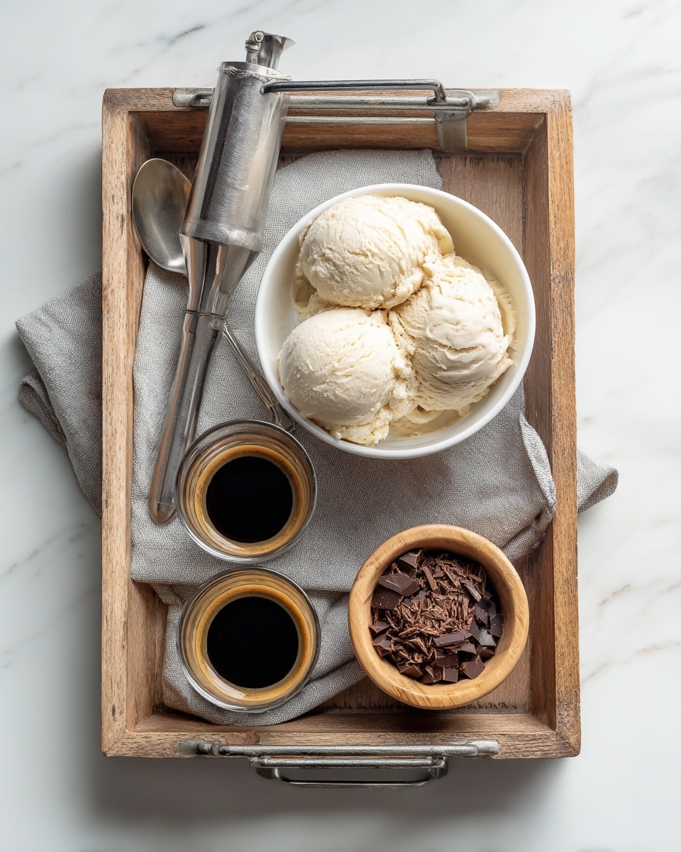 A wooden tray with metal corners holds a white bowl filled with two scoops of pale cream ice cream, positioned near the top center. Next to the bowl, on the left side, a metal ice cream scoop rests on a grey cloth that drapes over the edges of the tray. Below the bowl, two small clear glasses of dark espresso sit side by side on the tray. Beside the glasses, a small wooden bowl contains dark brown chocolate shavings. The tray is set on a white marbled surface. photo taken with an iphone --ar 4:5 --v 7