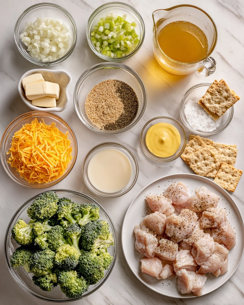 The image shows multiple clear glass bowls and a white plate arranged on a white marbled surface. There are nine different ingredients: diced onions in a small bowl, chopped celery in another small bowl, bright orange shredded cheese in a medium bowl, a white powder in a small bowl, a light yellow mustard in a tiny bowl, light beige breadcrumbs in a small bowl, clear golden broth in a medium measuring glass, a creamy white liquid in another medium measuring glass, and a pile of crackers to the right side. On the white plate, pieces of raw chicken seasoned with black pepper are spread out. There is also a medium glass bowl filled with fresh green broccoli florets and some peeled garlic cloves beside a stick of butter wrapped in paper. The overall scene is bright and clear, with all items neatly placed for preparation. photo taken with an iphone --ar 4:5 --v 7