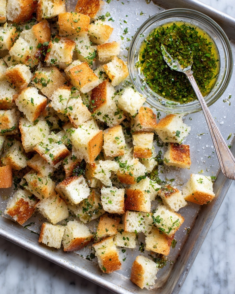 The image shows a metal baking tray filled with many small, toasted white bread cubes scattered evenly. These cubes have golden-brown edges and are sprinkled with chopped green herbs and coarse salt. A clear glass bowl containing a green herb oil mixture sits in the top right corner of the tray. A silver spoon rests near the bowl with some of the oil and herbs on it, adding a shiny green texture. The background surface has a white marbled texture. photo taken with an iphone --ar 4:5 --v 7