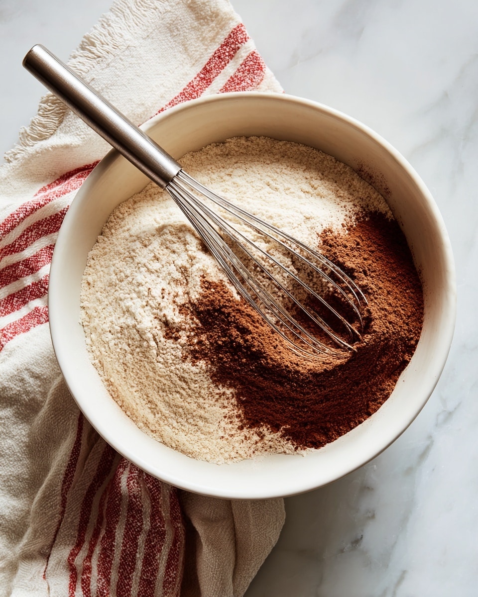 A white bowl contains dry ingredients with two main layers: a base layer of pale beige flour and a smaller layer of dark brown spice powder on top, spread unevenly on one side; a thin, twisted metal whisk rests diagonally inside the bowl, partly buried in the powders. The bowl sits on a white marbled surface with a folded cloth napkin featuring red stripes positioned nearby. photo taken with an iphone --ar 4:5 --v 7