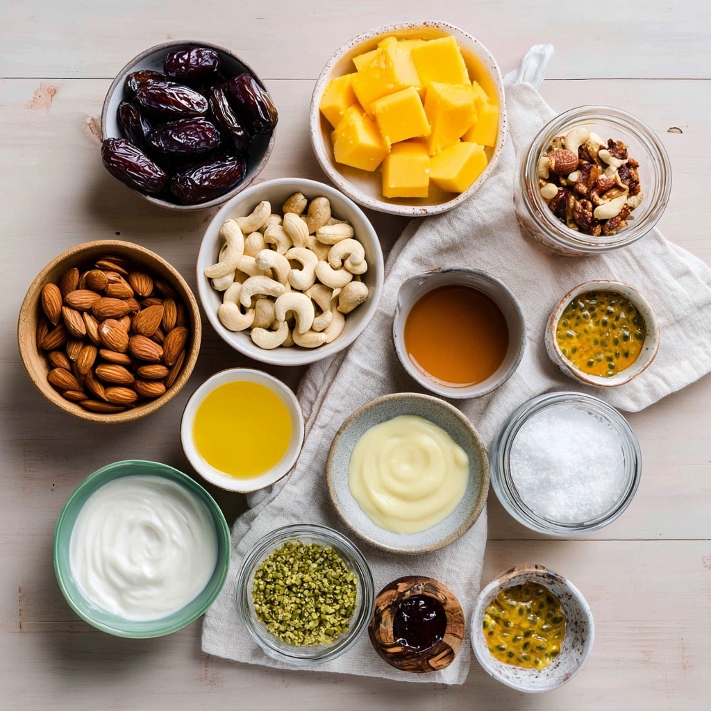 The image shows two close-up views from above inside a blender. The left side has three layers: small slices of mango in bright yellow, whole cashews in light beige, and walnuts in a natural brown color, all piled together inside the blender container. The right side shows the blended result of these ingredients, a smooth, thick sauce with a creamy pale yellow color, with some swirl marks on top. The blender is placed on a white marbled surface. Photo taken with an iphone --ar 4:5 --v 7