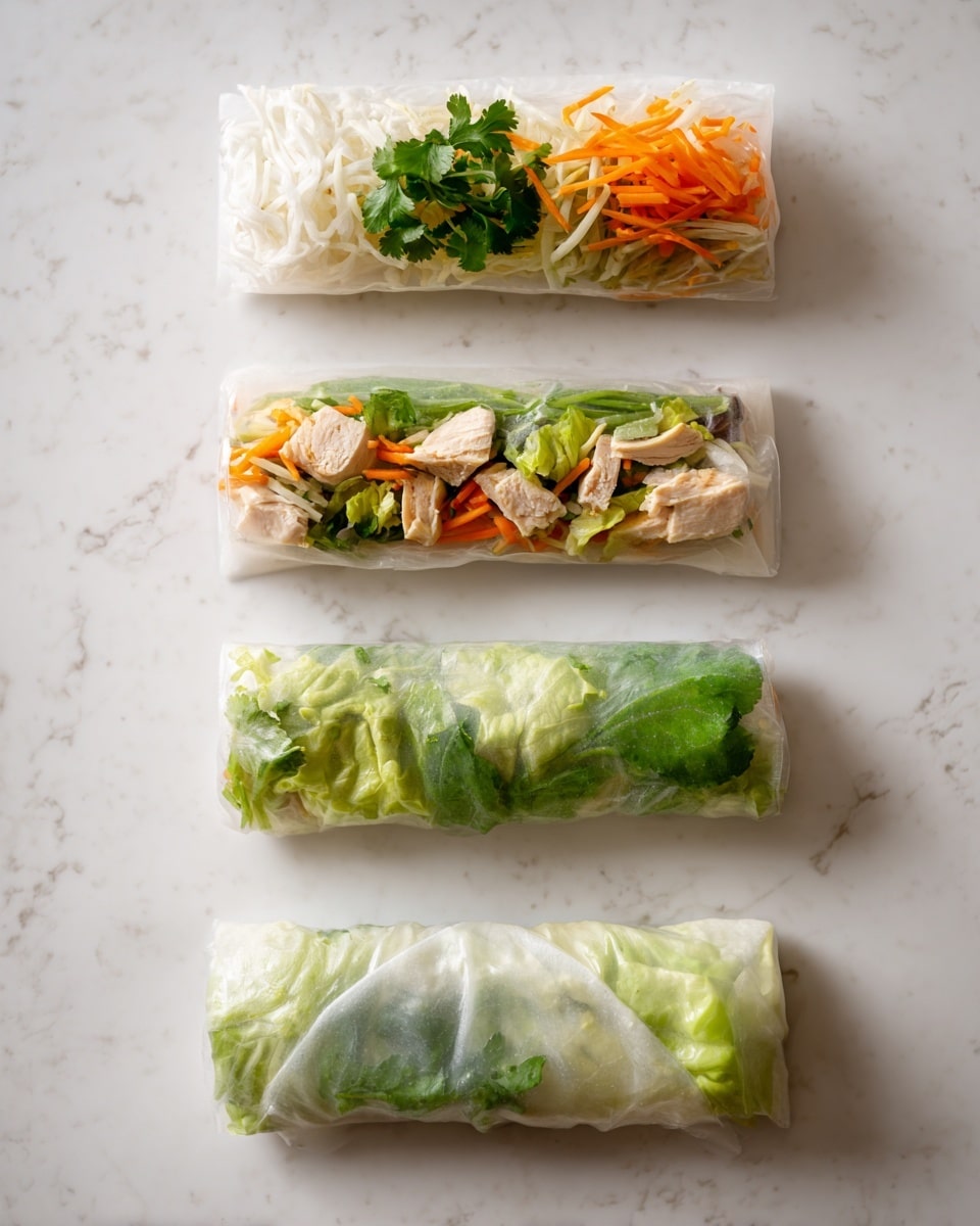 The image shows four steps of making a fresh spring roll on a white marbled surface. The first step displays a clear rice paper with layers of shredded white cabbage, orange shredded carrot, green cilantro leaves, and pieces of light orange cooked chicken placed in the center. The second step shows the rice paper folded from the top down over the filling, partially covering the vegetables and chicken. The third step shows the bottom edge folded up, covering the filling more tightly with visible green lettuce peeking out. The last step shows the spring roll fully wrapped, with the translucent rice paper tightly holding layers of green lettuce, white cabbage, orange carrot, green cilantro, and chicken inside, forming a neat, compact roll. Photo taken with an iphone --ar 4:5 --v 7