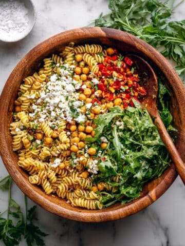 Chimichurri Pasta Salad with Roasted Red Peppers, Chickpeas, and Vegan Feta Recipe
