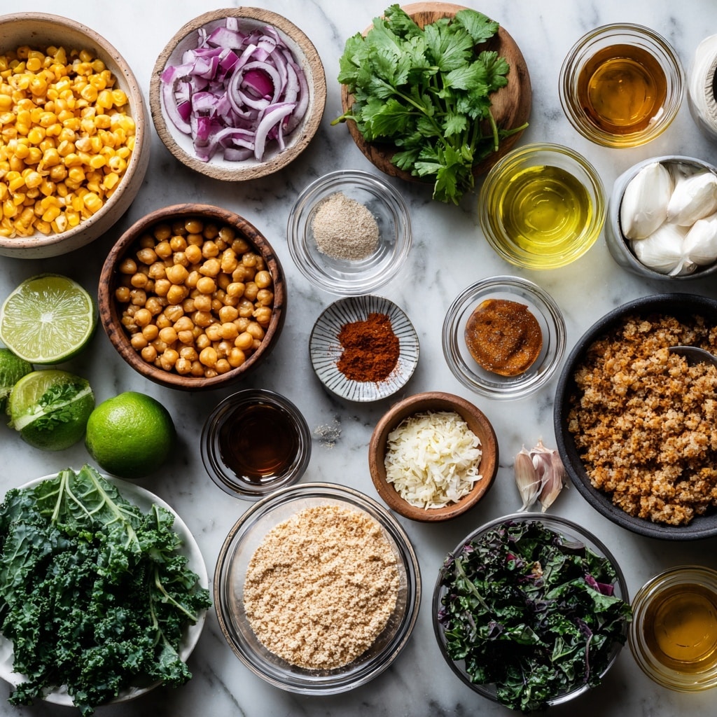 The first image shows a clear food processor bowl holding layers of ingredients before blending: a cluster of fresh green cilantro leaves on the left side, a generous scoop of beige cooked chickpeas and brown rice on the bottom left, several thick slices of red onion on the right, along with scattered seasonings including black pepper, paprika, and ground cumin; everything is arranged clearly and separated. The second image shows a clear glass bowl with a thick, chunky mixture inside, pale yellow and textured with small bits of green herbs; a wooden spatula is placed inside the bowl. Both images are set on a white marbled surface. photo taken with an iphone --ar 4:5 --v 7
