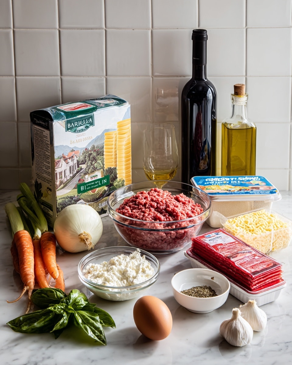 The image shows various ingredients neatly arranged on a white marbled surface with a white tiled wall in the background. From left to right, there is a box of Barilla oven-ready lasagne sheets, an onion, two carrots, two stalks of celery, three garlic cloves, a small bowl of white ricotta-like cheese, a small dish with herbs or spices, a single brown egg, fresh green basil leaves, and a bay leaf placed nearby. Towards the center, there is a clear glass bowl filled with raw, reddish ground meat. Behind that, there is a tall black bottle of red wine and a tall, dark green bottle of olive oil. On the right side, there are two red packs of shredded mozzarella cheese, a carton of cream, a container of ricotta cheese, and a block of cream cheese, all neatly lined up. The whole scene looks clean, well-lit, and ready for cooking. Photo taken with an iphone --ar 4:5 --v 7
