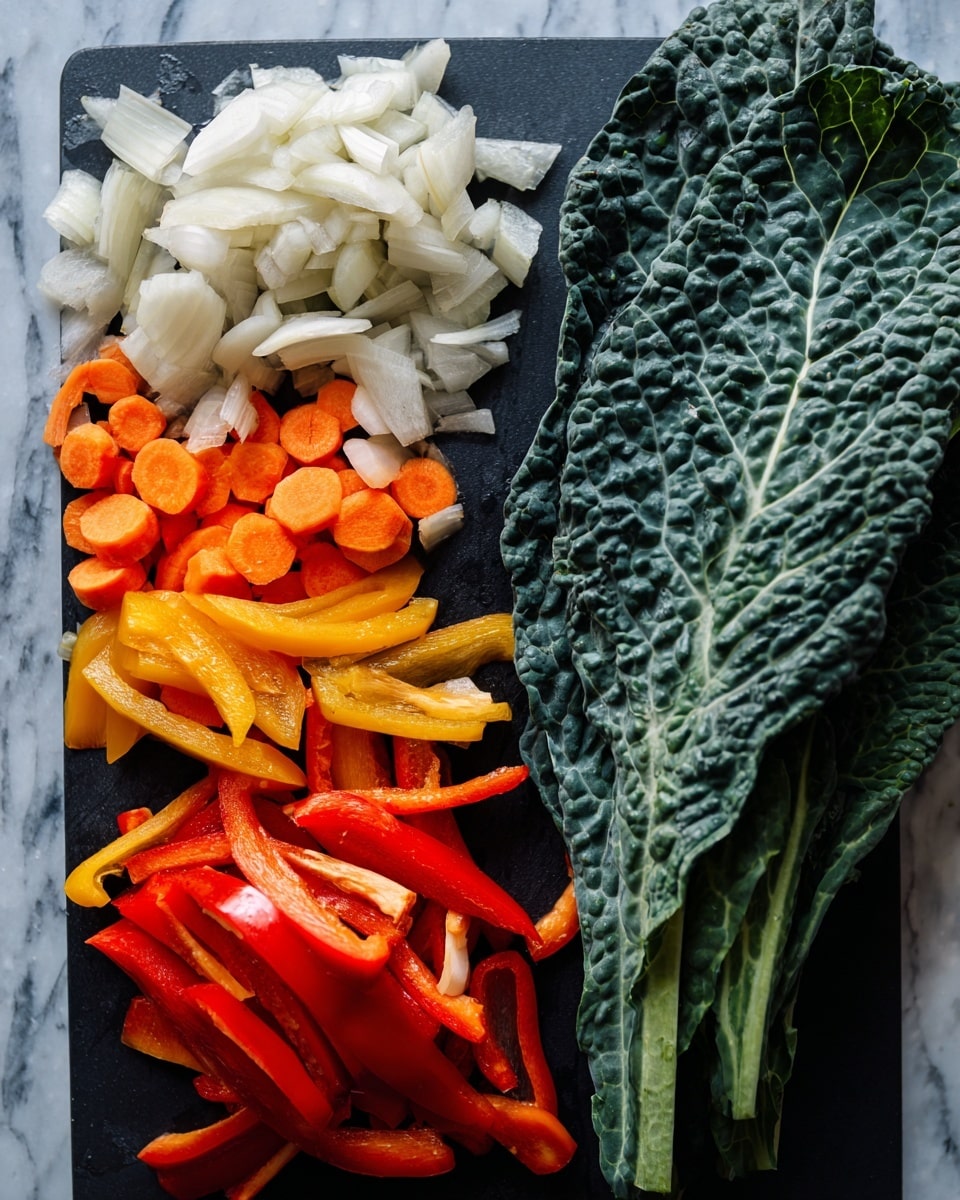 The image shows two parts: on the left, there are different chopped vegetables laid out on a black cutting board, with bright orange carrot slices in front, diced white onions to the right, and long strips of red and yellow bell peppers behind them. On the right, there are several large, dark green leaves of kale with a bumpy texture, placed on a black cutting board. The background has a soft clean look but is changed to a white marbled texture. photo taken with an iphone --ar 4:5 --v 7