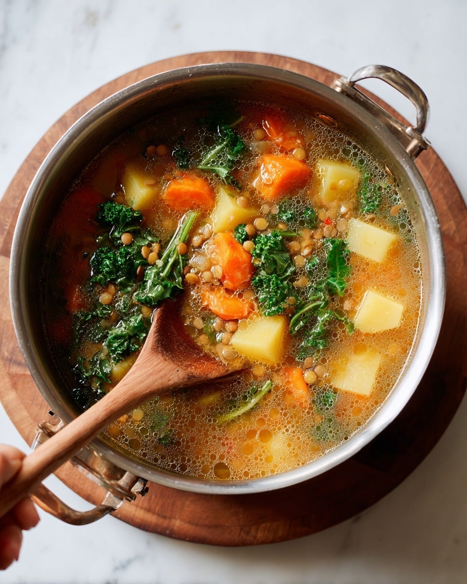 Two white bowls filled with lentil soup sit on a white marbled surface, each containing several visible layers: a chunky layer of cooked lentils and diced potatoes with orange carrot rounds mixed with green leafy herbs floating on a broth base. The bowls have silver spoons placed inside them, and one rests on a folded dark blue cloth. Around the bowls, there is a gray tray with whole carrots, garlic, and green herbs, and a small metal container filled with raw lentils nearby. Small herb leaves are scattered on the surface. Photo taken with an iphone --ar 4:5 --v 7