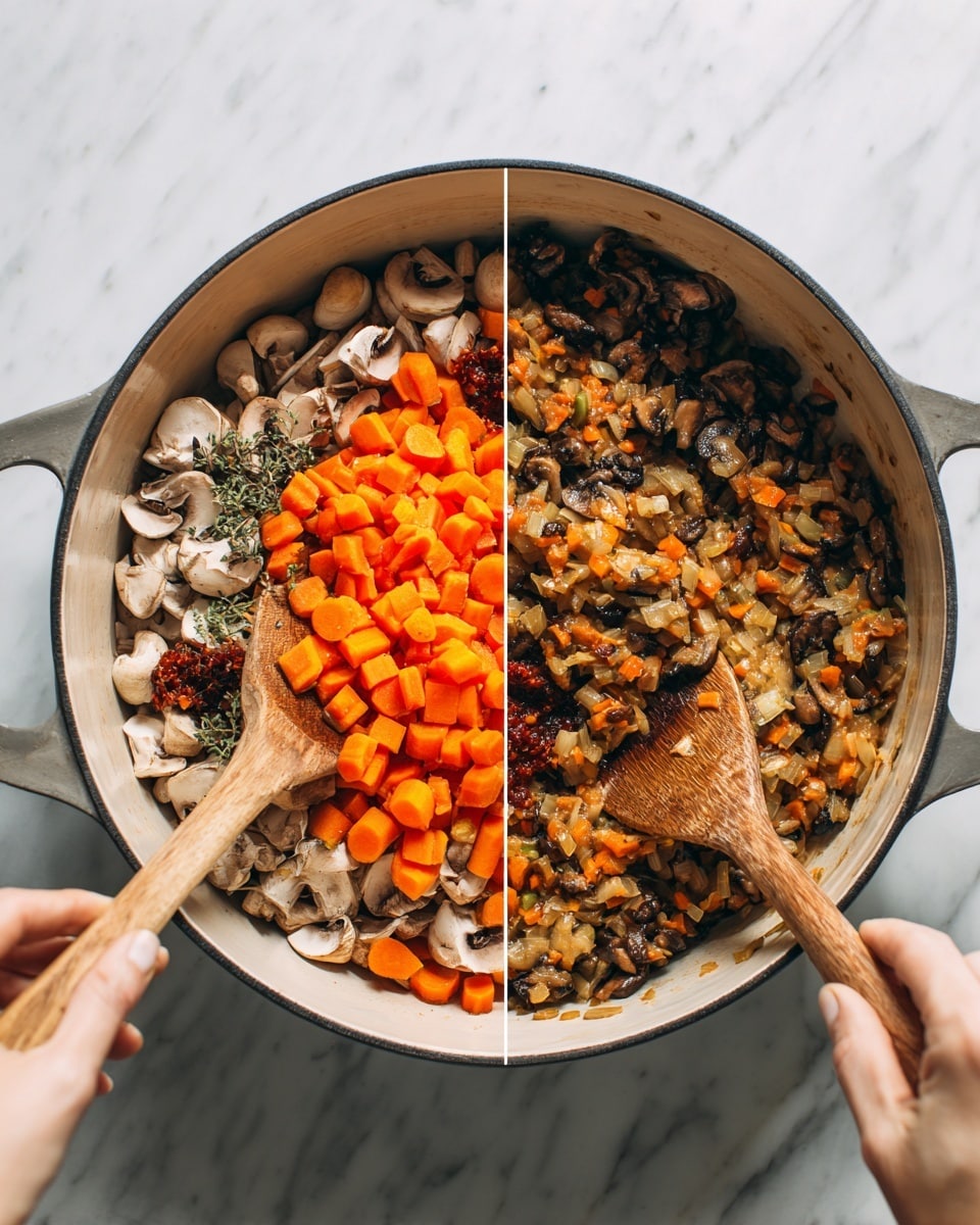 In a white pot with dark rims on a white marbled surface, there are two stages of making a dish shown side by side. On the left, a woman's hand is placing bright orange, chopped carrot pieces over a mix of other ingredients including light brown sliced mushrooms, diced white onions, minced garlic, red paste, and some herbs, all resting on one side of the pot. A wooden spoon lies inside, touching the mushrooms. On the right side, the ingredients are cooked together, forming a mixed blend of warm brown mushrooms, softened orange carrots, and translucent onions, stirred with the same wooden spoon, showing a textured, cooked mixture inside the pot. photo taken with an iphone --ar 4:5 --v 7