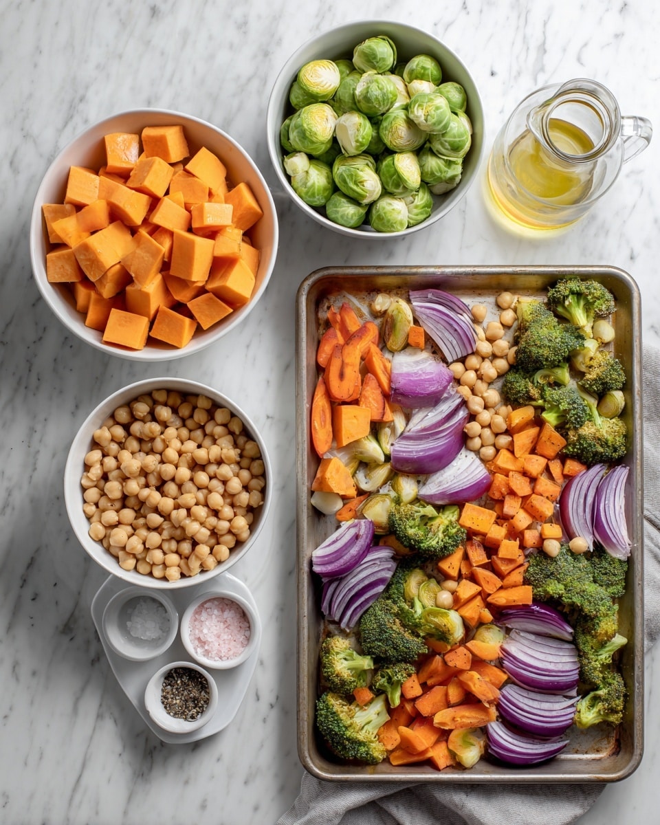 The image shows two parts: on the left, six white bowls are placed on a white marbled surface. From top to bottom, the bowls contain cubed sweet potato in orange, halved light green Brussels sprouts, green broccoli florets, beige chickpeas, sliced orange carrots, and sliced purple onion rings. A small white dish holds pink salt and black pepper, and a glass jug with light oil is also present. On the right, a baking tray is layered with mixed vegetables: the bottom layer is mostly sweet potato cubes, sliced carrots, and broccoli florets, topped with the sliced purple onion, chickpeas, and Brussels sprouts scattered all over. The tray sits on the white marbled surface. photo taken with an iphone --ar 4:5 --v 7