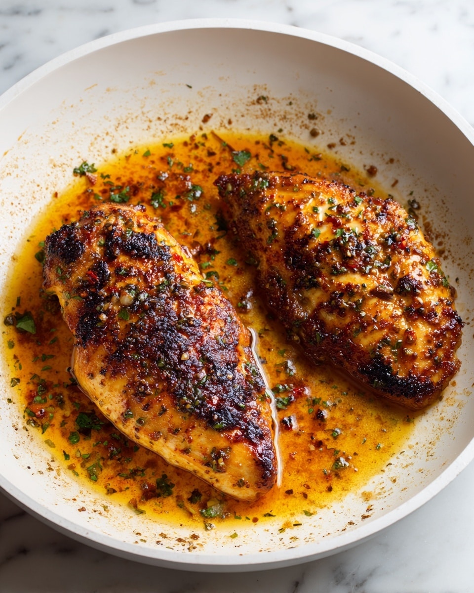 Two pieces of golden-brown cooked chicken lie in a white pan filled with orange-brown oily sauce, with black and green herbs and spices scattered throughout. The chicken looks slightly charred and crispy on the edges, with seasoning covering the surface. The oil around the chicken shimmers and has small bits of herbs floating in it. The inside of the pan is white with some brown stains near the rim. The scene is on a white marbled surface photo taken with an iphone --ar 4:5 --v 7