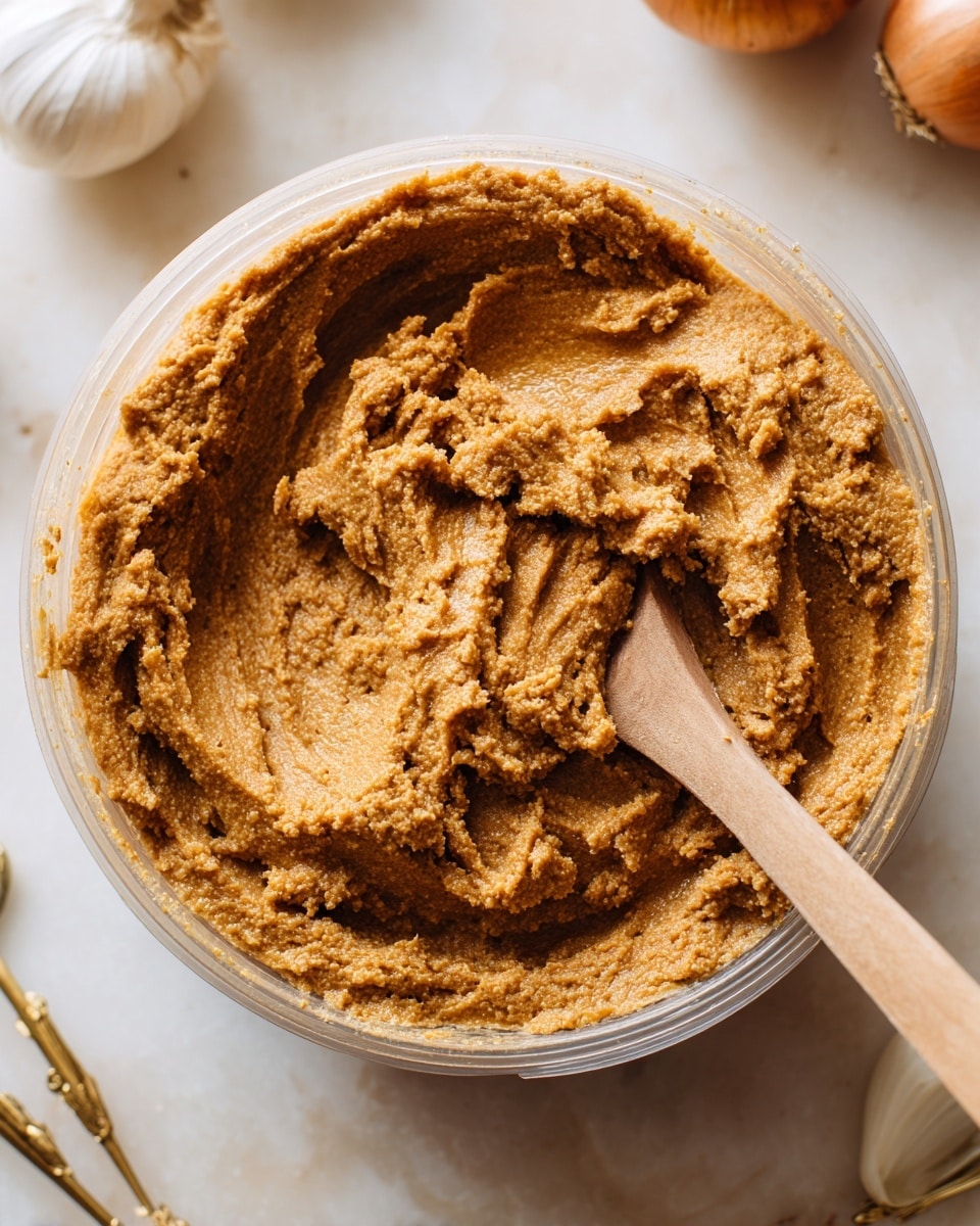 The image shows a clear plastic container filled with a thick, coarse-textured paste of warm brown color. The paste is unevenly spread, forming rough peaks and valleys across the container’s surface. A smooth, light brown wooden spoon is partially buried in the paste, positioned near the center with its handle extending down toward the bottom edge. The background is a white marbled surface with parts of an onion and some utensils partially visible around the container. The lighting highlights the texture and slight sheen of the paste, making it look dense and slightly crumbly photo taken with an iphone --ar 4:5 --v 7