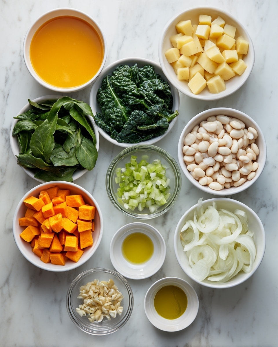 Nine white bowls and two small white dishes hold different ingredients on a white marbled surface. At the top left is a bowl filled with orange-yellow broth, next to it on the right is a bowl with light yellow cubed potatoes. Below are three bowls: dark green kale on the left, fresh spinach leaves in the middle, and white beans on the right. Beneath these, three smaller clear bowls hold diced light green celery on the left, chunky orange sweet potatoes in the middle, and chopped white onions on the right. At the bottom, two small white dishes contain golden olive oil on the left and minced garlic on the right. photo taken with an iphone --ar 4:5 --v 7
