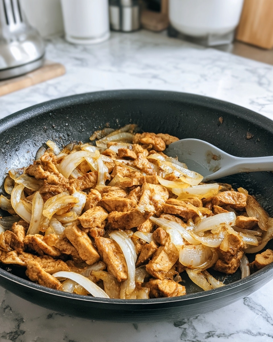 A black pan filled with cooked pieces of light brown tofu strips mixed with thin slices of translucent white onions, all slightly browned from cooking, with a gray cooking spoon resting on the right side inside the pan. The background shows a white marbled surface beneath the pan and a blurred white kitchen setting behind. photo taken with an iphone --ar 4:5 --v 7
