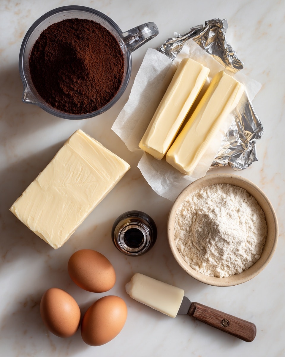 A white marbled surface holds an arrangement of baking ingredients including a glass blender container filled with dark brown cocoa powder in the top left corner, a shiny open silver foil with a large block of creamy off-white cream cheese on the lower left, two thick rectangular sticks of pale butter placed on white parchment paper in the upper center, and a small dark glass bottle of vanilla extract with its open top visible near the butter. At the bottom center, a beige ceramic bowl contains white flour, with a small white spreading knife with a wooden handle resting diagonally inside. Three brown eggs sit in a row along the lower left edge of the frame. photo taken with an iphone --ar 4:5 --v 7