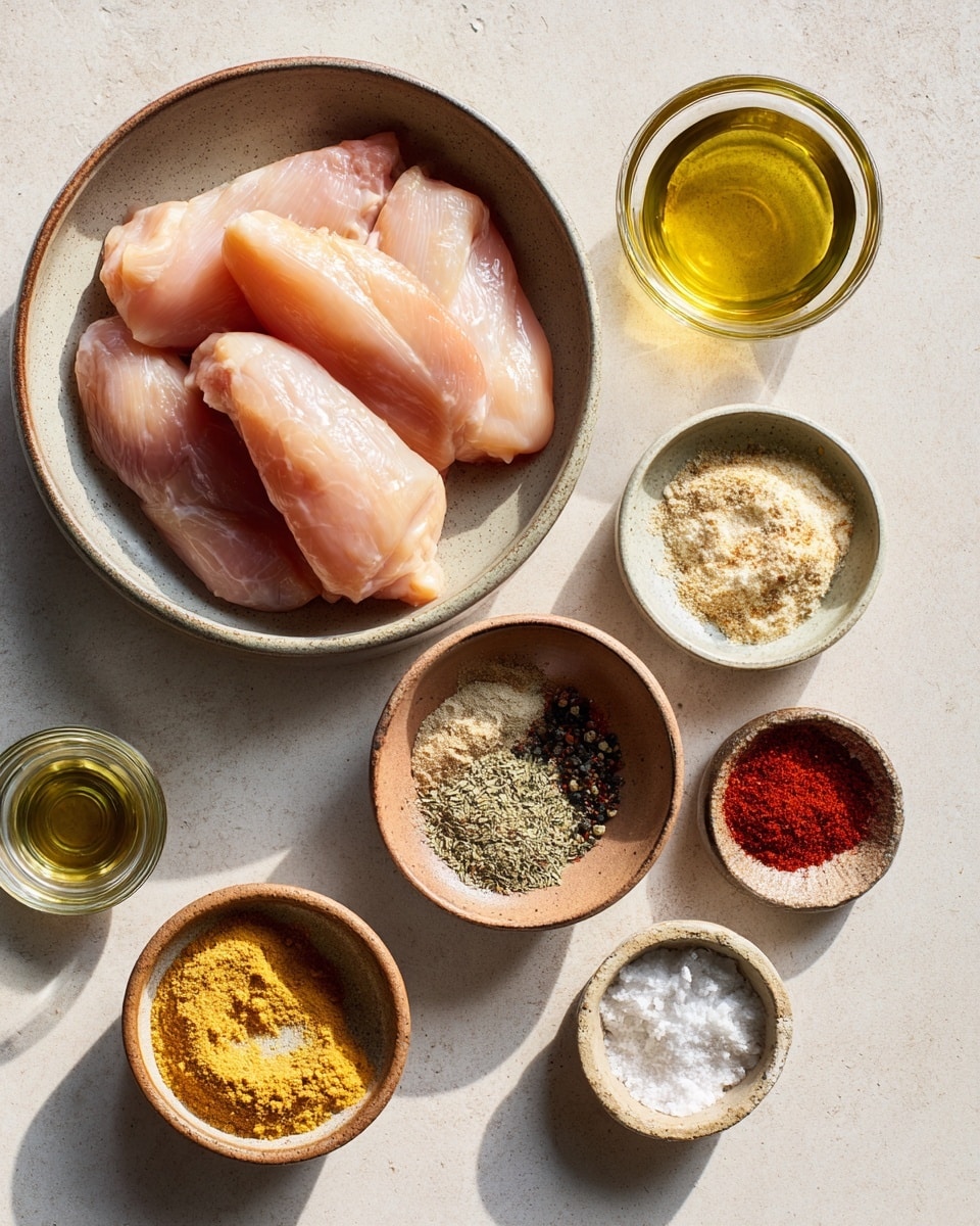 Inside a black air fryer basket, there are six pieces of raw, reddish-orange seasoned chicken strips spread out in two rows. Each strip has a rough texture from the spice rub, showing small specks of black pepper and other seasonings. The air fryer basket has a grid pattern on the bottom and sides, and the chicken pieces vary in size and shape, some thicker and some thinner. The background is a white marbled texture. Photo taken with an iphone --ar 4:5 --v 7