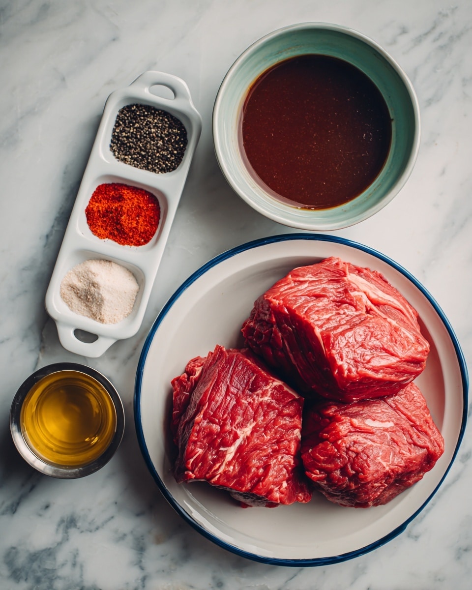 The image shows a white bowl with a blue rim on the bottom right holding two large pieces of raw red meat with a slightly marbled texture. Above it to the right, a light green small bowl contains a thick dark brown sauce. To the left of it, a small white dish with handles holds five different spices in neat sections: black pepper, red paprika, white salt, beige powder, and some red pepper flakes. Below it, a small silver cup contains clear golden oil. All items are placed on a white marbled surface. photo taken with an iphone --ar 4:5 --v 7