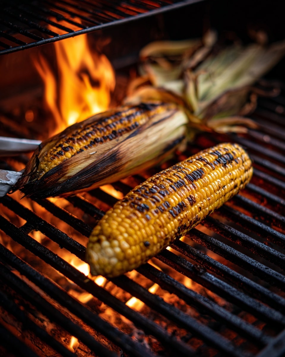 Two grilled corn cobs with charred golden yellow kernels and blackened husks are placed on a white plate. The corn is resting slightly on the husks, showing a mix of rough green and blackened textures. The plate sits on a white marbled surface with a warm, blurred background and a hint of glowing orange fire in the lower part of the image. photo taken with an iphone --ar 4:5 --v 7