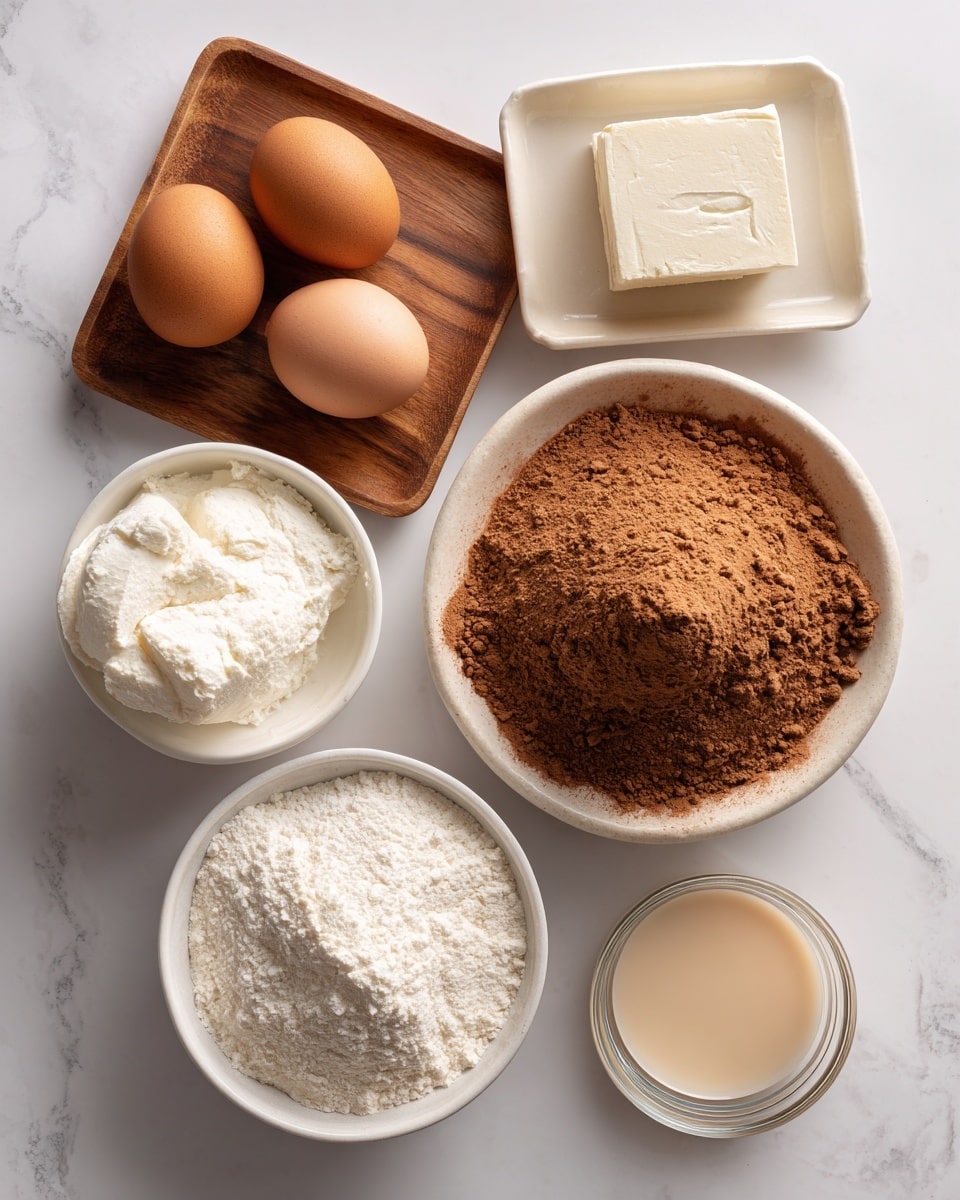 The image shows seven separate ingredients on a white marbled surface. There are two brown eggs resting on a small wooden tray on the top left. Next to it is a small white dish holding a block of white cream cheese. To the right, there is a clear glass bowl filled with brown cocoa powder. In the center is a white bowl with a mound of light brown cocoa mix powder. Below, on the left side, a larger white bowl is filled with white powdered sugar. To the right of it, a small white cup contains a pale beige liquid. At the bottom right, there is a clear glass bowl with a transparent liquid. photo taken with an iphone --ar 4:5 --v 7