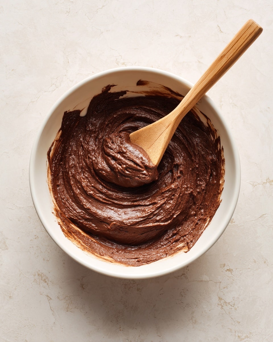 A white bowl filled with thick chocolate batter that has a smooth and slightly rough texture, with some of the batter spread along the sides of the bowl. A wooden spoon rests inside the batter, positioned diagonally with its handle leaning out of the bowl. The bowl is placed on a white marbled surface that contrasts softly with the dark brown color of the batter. photo taken with an iphone --ar 4:5 --v 7