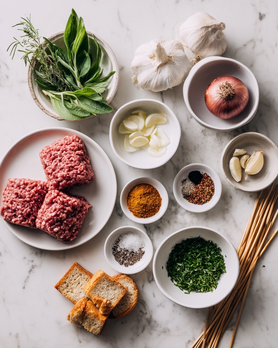 The image shows various cooking ingredients arranged on a white marbled surface. There are two white plates, one larger with two blocks of raw ground meat, dark pink and pale pink, and the other smaller holding unpeeled onion halves. Several small white bowls contain different items: one holds green leafy herbs, another has three peeled garlic cloves, a third holds a mix of colorful spices in red, brown, black, and yellow, another bowl has a mix of salt and ground black pepper, there is one with chopped green herbs, and the last bowl contains torn pieces of toasted bread. A few bamboo skewers rest across the white plate with ground meat. photo taken with an iphone --ar 4:5 --v 7