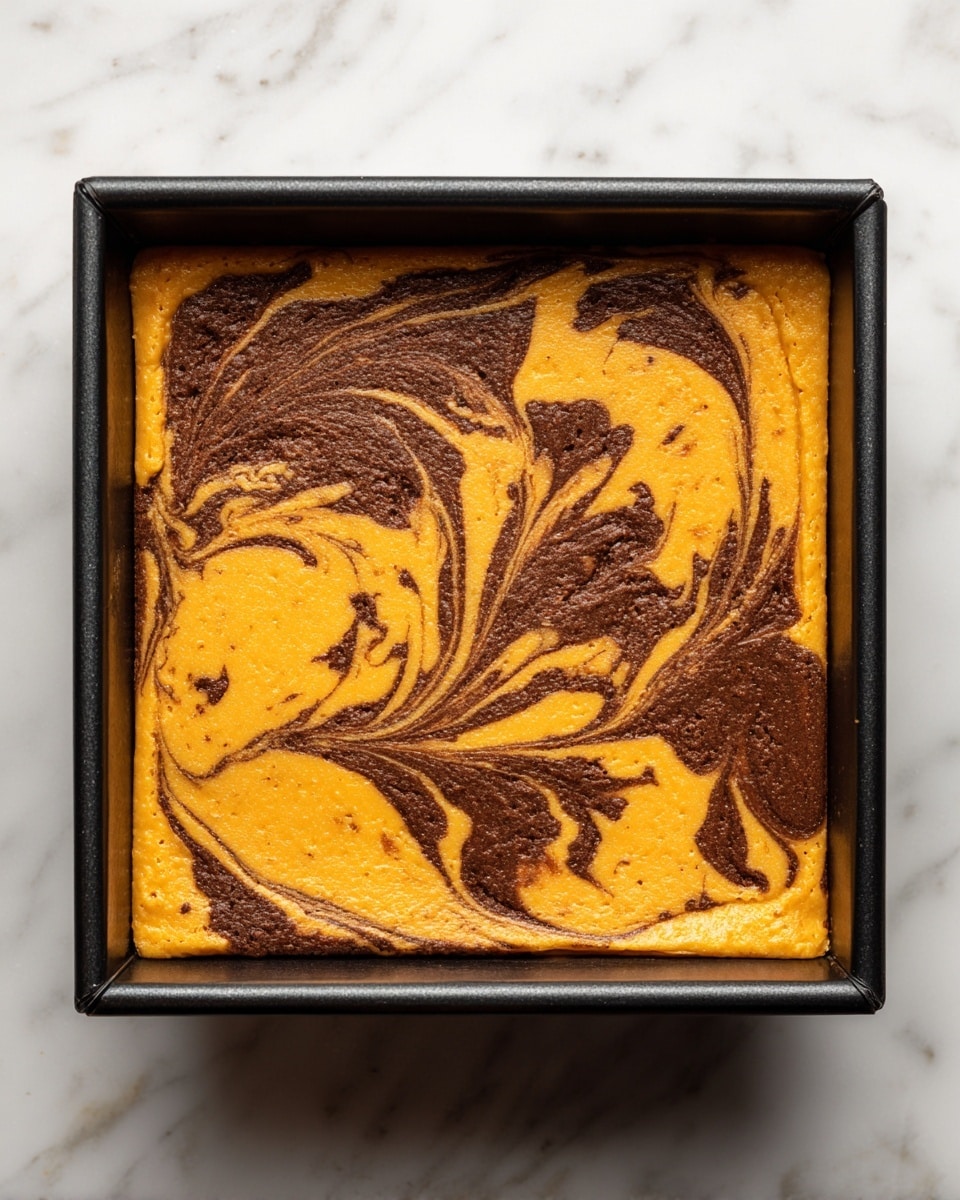 A square black baking pan filled with a baked dessert showing two main layers: a thick, soft orange layer forming the base and most of the surface, with irregular dark brown patches swirled unevenly across the top, creating a marbled effect. The orange layer looks smooth but slightly cracked in some spots, while the dark brown swirls have a glossy texture. The pan sits on a white marbled surface. photo taken with an iphone --ar 4:5 --v 7