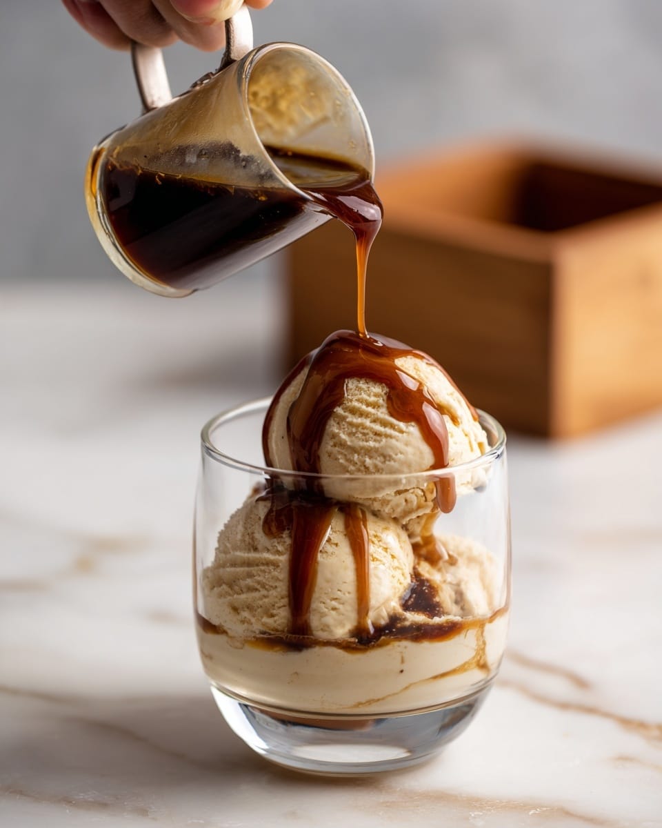 A clear glass is shown containing two scoops of creamy, light beige ice cream stacked on top of each other. A woman's hand holds a small metal pitcher, pouring dark brown coffee over the ice cream, which creates a glossy, smooth drizzle flowing down the sides. The glass is placed on a white marbled surface with a wooden box blurred in the background. The photo taken with an iphone --ar 4:5 --v 7