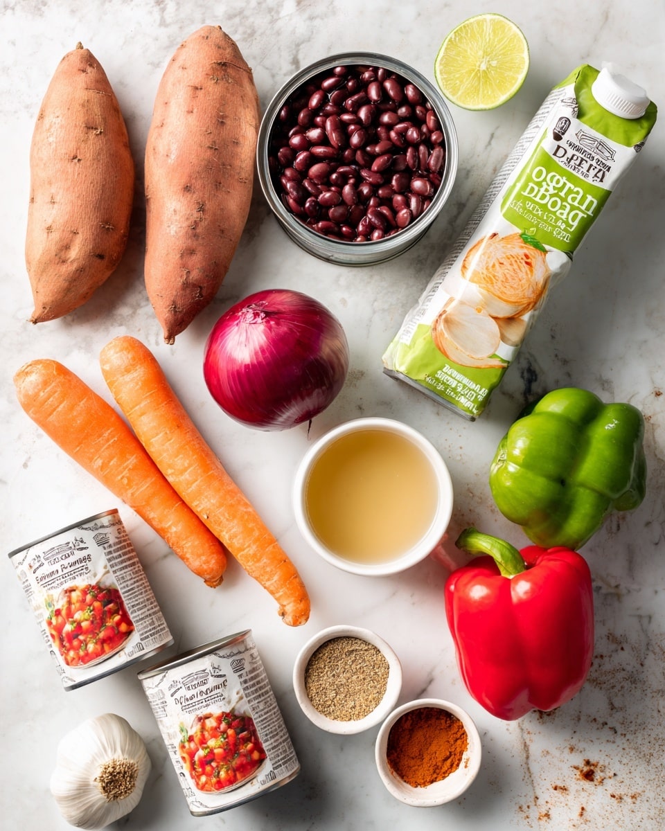 The image shows an overhead view of various raw ingredients laid out on a white marbled surface. There are two whole sweet potatoes with a reddish-brown skin side by side near the top left. Next to them is a white can of black beans with a silver top, and to the right is a green carton of organic vegetable broth. Below, there is a round red onion, a whole lime, and a white small bowl with a light yellow liquid. To the left, two orange carrots lie side by side vertically. Near the center are two bell peppers, one green and one red, positioned next to each other. At the bottom left are two cans: one of kidney beans and one of petite diced tomatoes, both white with labels showing pictures of the contents. To the right, there is a small white bowl filled with a mix of brownish spices, and next to it another small white bowl containing a darker red powder. A small garlic bulb is placed near the carton of broth. The setting is bright and clean. Photo taken with an iphone --ar 4:5 --v 7