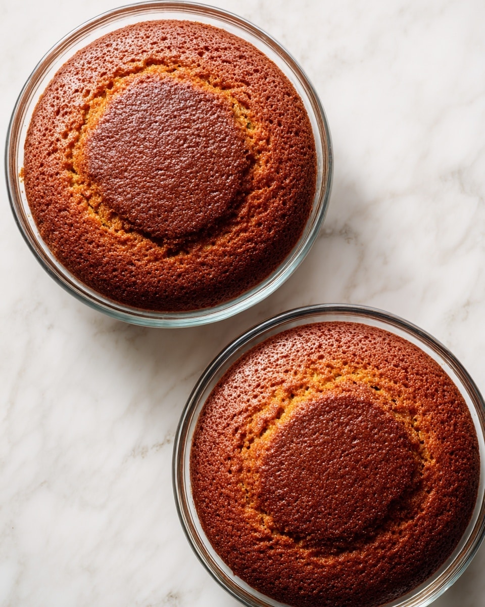 Two round, golden brown cakes with cracked tops are shown in clear glass baking dishes. Each cake has a slightly domed shape with a rough, textured surface, and the edges have a deeper brown crust. The cakes sit on a white marbled surface, positioned one above the other in the frame. The photo is taken from above, showing the full top view of both cakes photo taken with an iphone --ar 4:5 --v 7