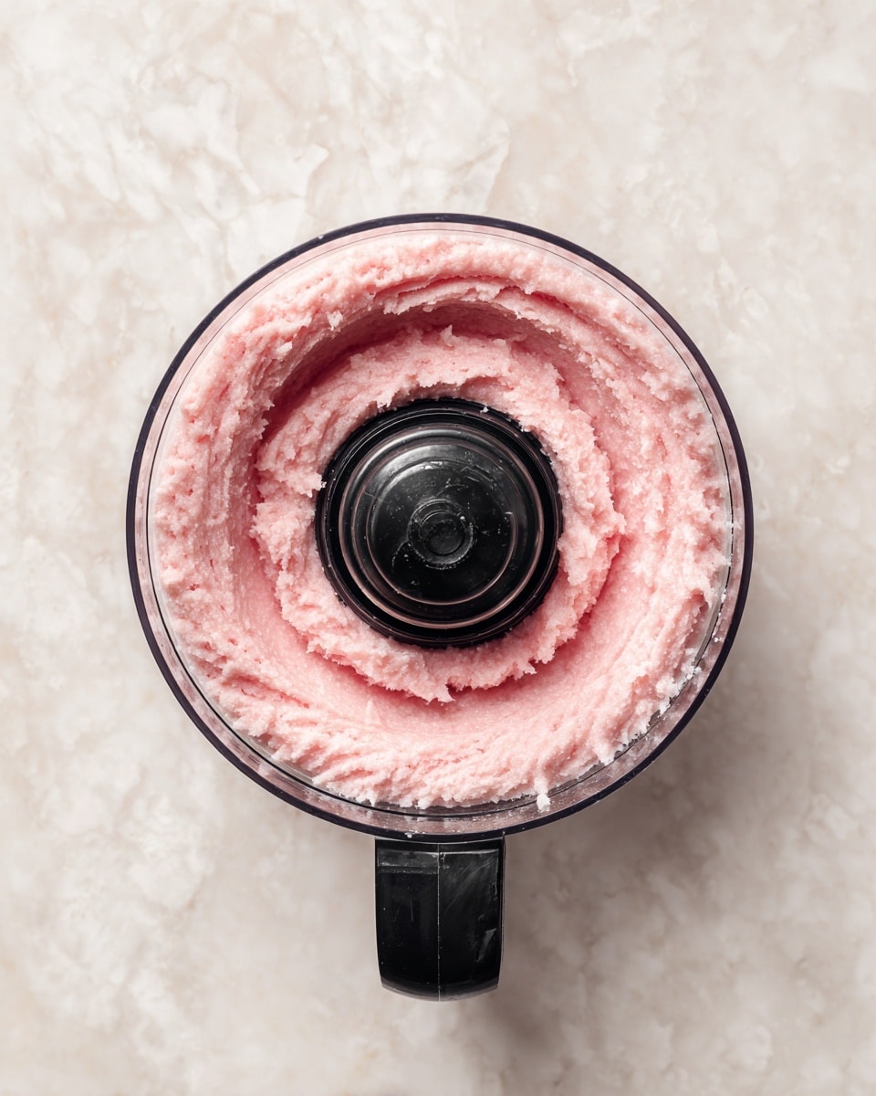 A clear round food processor bowl filled with light pink minced chicken paste, swirling smoothly around the black central blade, resting on a white marbled surface. The processor handle is black and positioned at the bottom center, with the minced chicken showing a soft, moist texture and a slightly uneven spread inside the bowl. Photo taken with an iphone --ar 4:5 --v 7
