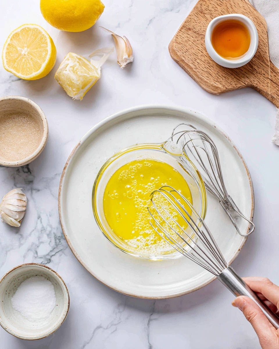 The image shows a clear glass measuring cup with yellow oil inside, sitting on a white plate on a white marbled surface. A small metal whisk rests on the plate next to the measuring cup. There is a woman’s hand pouring a clear liquid into the cup, causing bubbles to form on the yellow oil. Around the plate, there are lemon halves and a wooden cutting board with a small bowl of light brown liquid, a cup of white foam, a small glass of light amber liquid, and a garlic clove. The scene is bright and clean. photo taken with an iphone --ar 4:5 --v 7