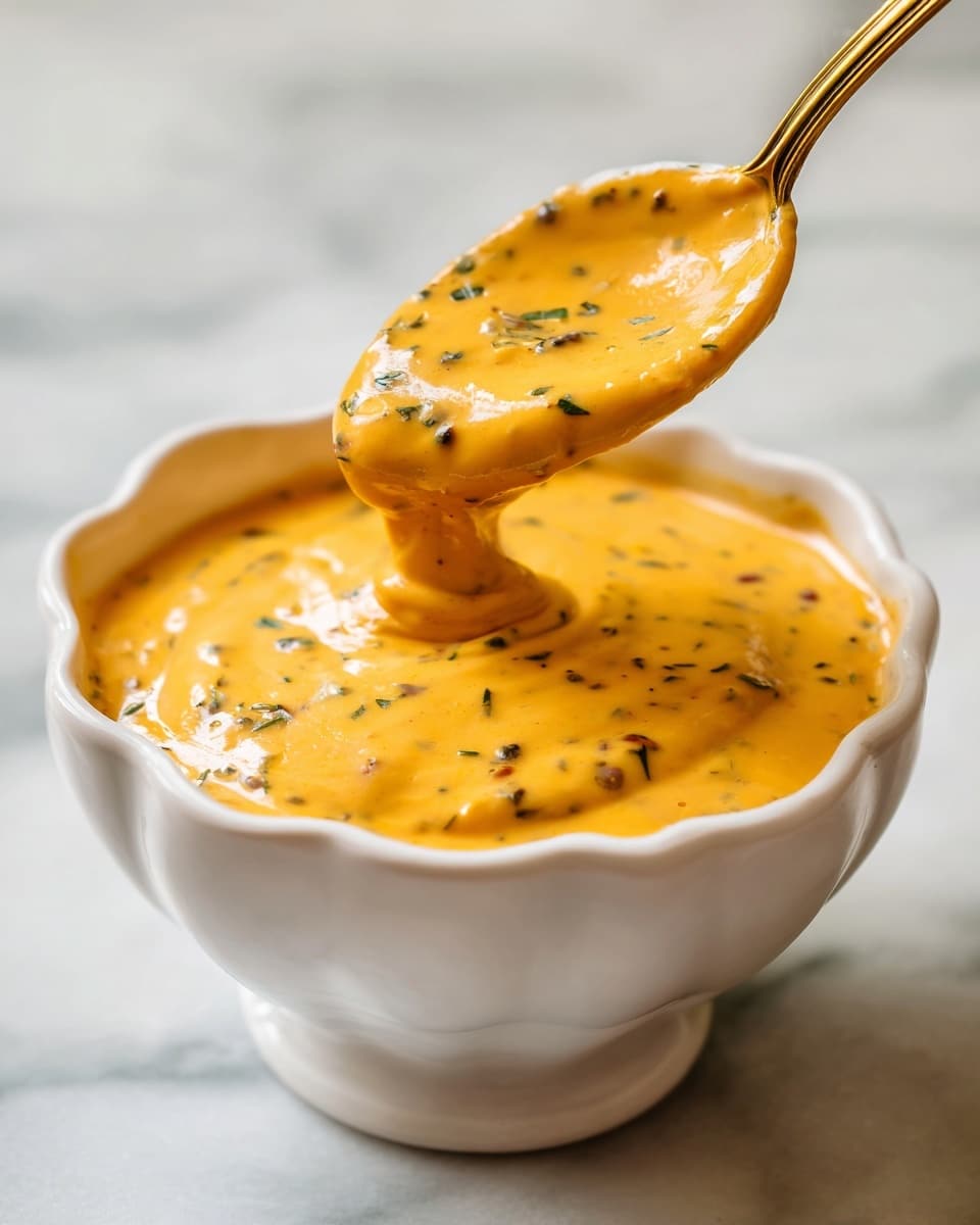 A close-up view of a white scalloped bowl filled with thick, creamy orange sauce speckled with small dark green and black bits. A gold spoon is scooping some sauce above the bowl, showing its smooth and slightly chunky texture. The background is a white marbled surface, clean and bright, highlighting the sauce's rich color and texture. The photo taken with an iphone --ar 4:5 --v 7