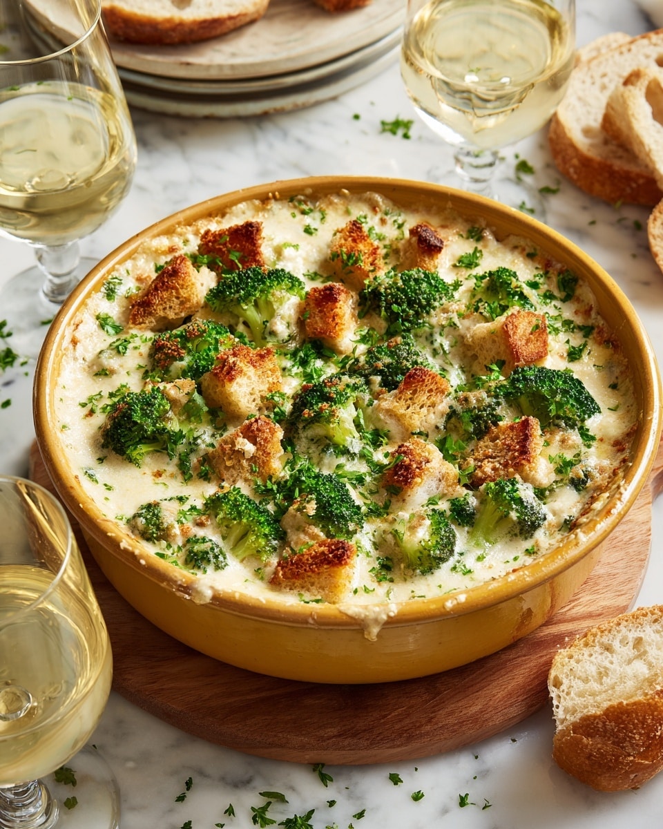 A round yellow pot filled with a creamy dish topped with a crispy golden-brown layer broken into small chunks, scattered with green broccoli pieces and sprinkled with fresh chopped parsley, all resting on a white marbled surface. Around the pot are clear glasses filled with a light yellow drink, a torn piece of crusty bread, and a stack of white plates stacked beside it. Photo taken with an iphone --ar 4:5 --v 7