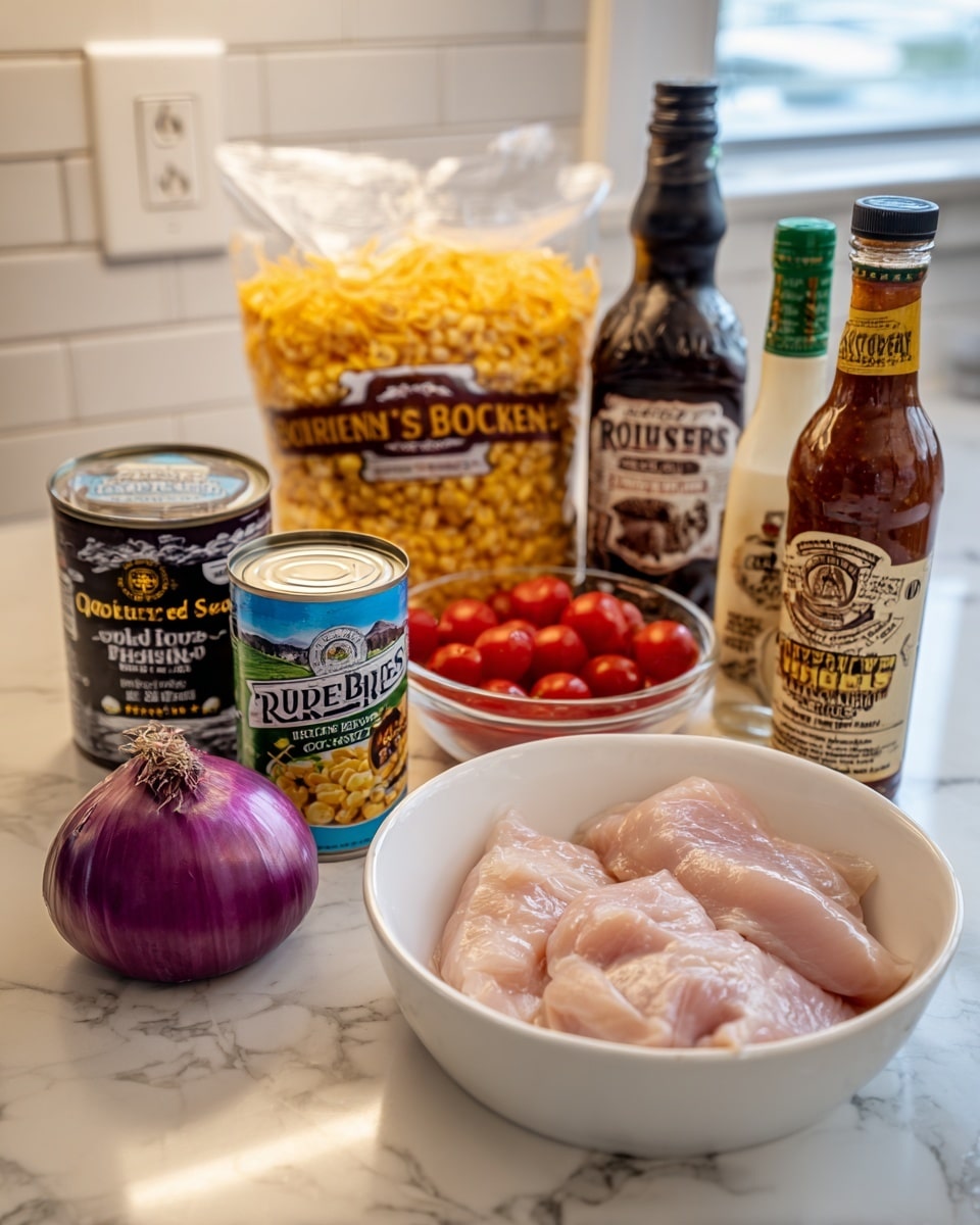 The image shows a white bowl in the front center containing two raw pieces of light pink chicken. To the left of the bowl is a half purple onion piece placed on a white marbled surface. Behind the chicken bowl are two cans, the left one with black beans in a blue and green label and the right one with golden sweet corn in a green label. Above the cans and slightly to the left is a large clear bag of shredded sharp cheddar cheese with yellow and orange color. To the right of the cans and bowl are three bottles lined up: a coarse kosher salt container in white and blue, a dark brown glass bottle of honey sweet BBQ sauce labeled Rufus Teague, and a white ranch dressing bottle with a green cap. In front of the ranch bottle is a small clear bowl filled with bright red cherry tomatoes. The entire set is arranged on a white marbled counter with white tile backsplash and an electrical outlet visible in the background. Photo taken with an iphone --ar 4:5 --v 7