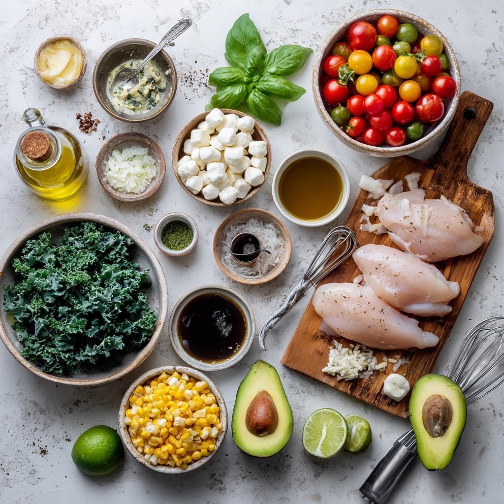 The image shows fresh ingredients laid out on a white marbled surface. There are two avocado halves with smooth green flesh and a brown seed in one half, placed near bright green basil leaves scattered around. A clear glass bowl holds white round mozzarella balls with a soft texture, while another clear glass bowl contains shiny red grape tomatoes, some cut to reveal their juicy inside. A small pile of yellow corn kernels with white pieces sits nearby. A clear glass jar filled with dark brown dressing, speckled with bits like garlic or pepper, is also part of the arrangement. A white and black striped cloth is spread in the top part of the image. photo taken with an iphone --ar 4:5 --v 7