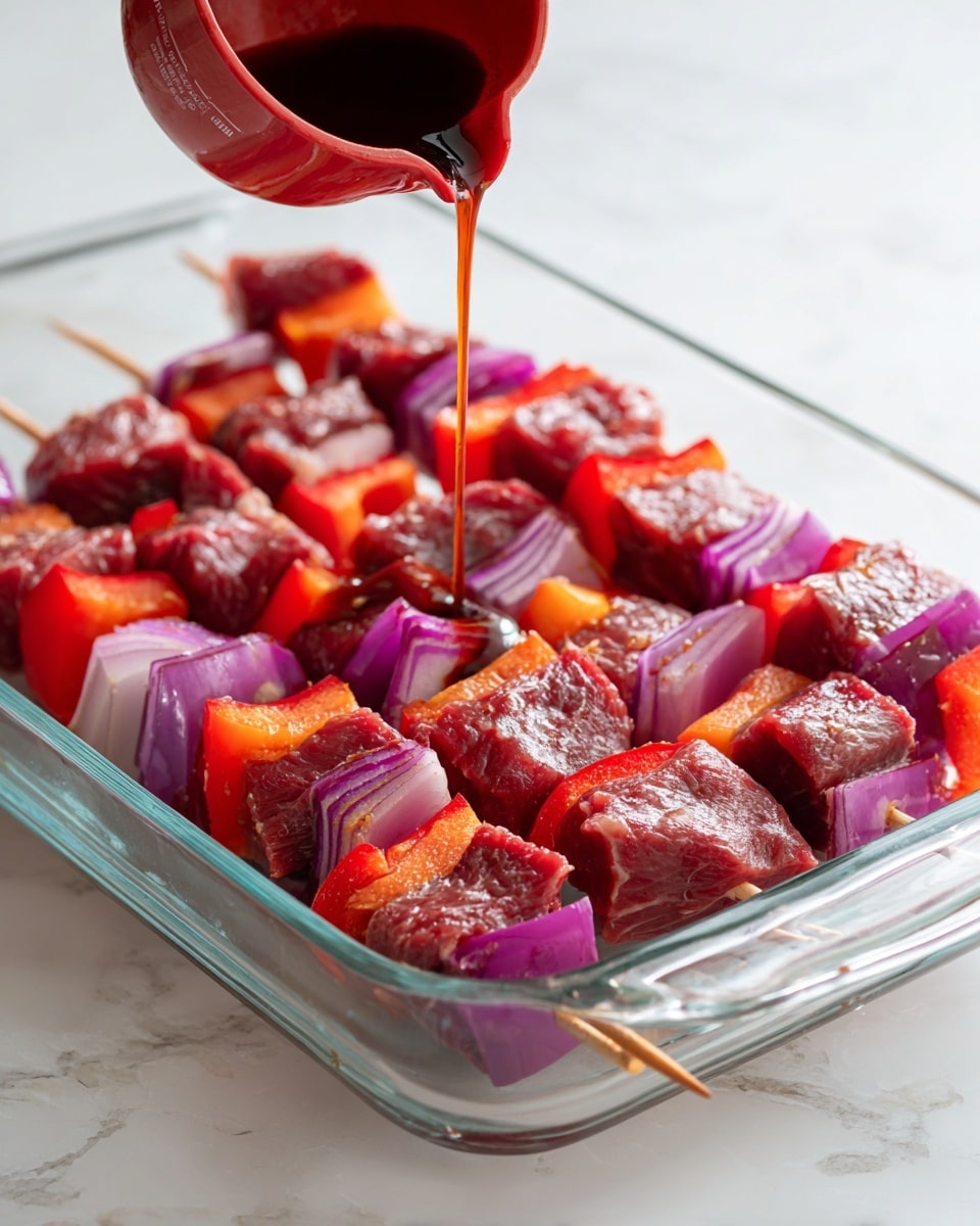 The image shows several skewers laid inside a clear glass rectangular dish placed on a white marbled surface. Each skewer has chunks of raw red meat alternating with bright red bell pepper pieces and purple onion slices, creating a pattern of red and purple colors. A dark sauce is being poured from a red measuring cup over the skewers, adding a glossy texture to the meat and vegetables. The colors are vivid with fresh red, purple, and brown hues standing out against the transparent dish and white marbled background. Photo taken with an iphone --ar 4:5 --v 7