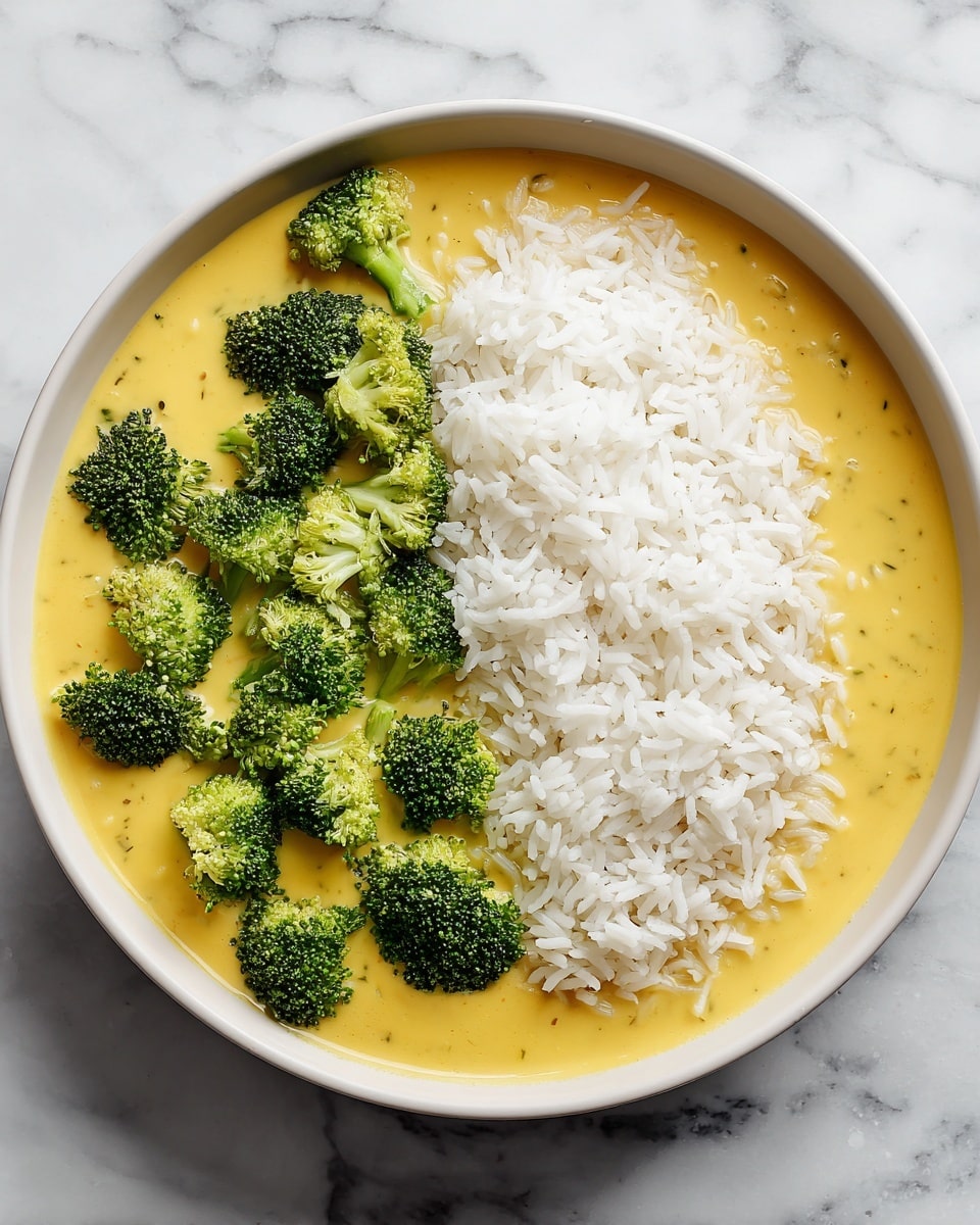 A white pan sits on a white marbled surface, filled with three main layers: the bottom layer is a thick, smooth yellow sauce covering the entire pan, the middle layer consists of steamed green broccoli pieces spread on the left half, and the top layer is fluffy white rice placed neatly on the right half, contrasting with the sauce and broccoli photo taken with an iphone --ar 4:5 --v 7