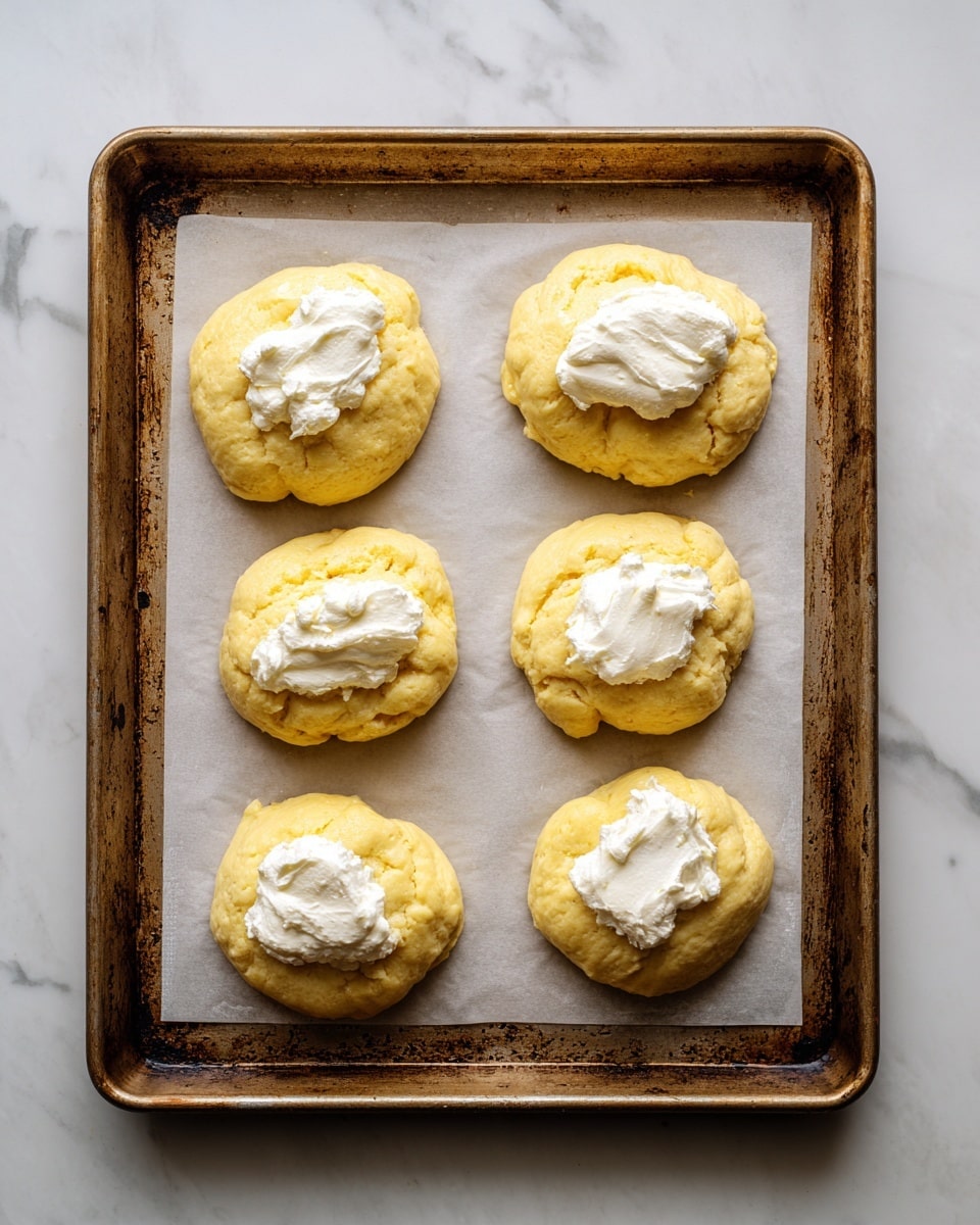 The image shows an old metal baking sheet lined with white parchment paper, placed on a white marbled surface. On the sheet, there are six rectangular pieces of dough arranged in three rows and two columns. Each piece of dough is light yellow, spread evenly with a smooth surface, and has a dollop of white cream or filling placed roughly in the center. The dough looks shiny, likely brushed with an egg wash, giving it a slightly glossy texture. The cream contrasts with the dough by being soft, thick, and matte in appearance. The baking sheet has dark spots and a rustic worn look around the edges. photo taken with an iphone --ar 4:5 --v 7