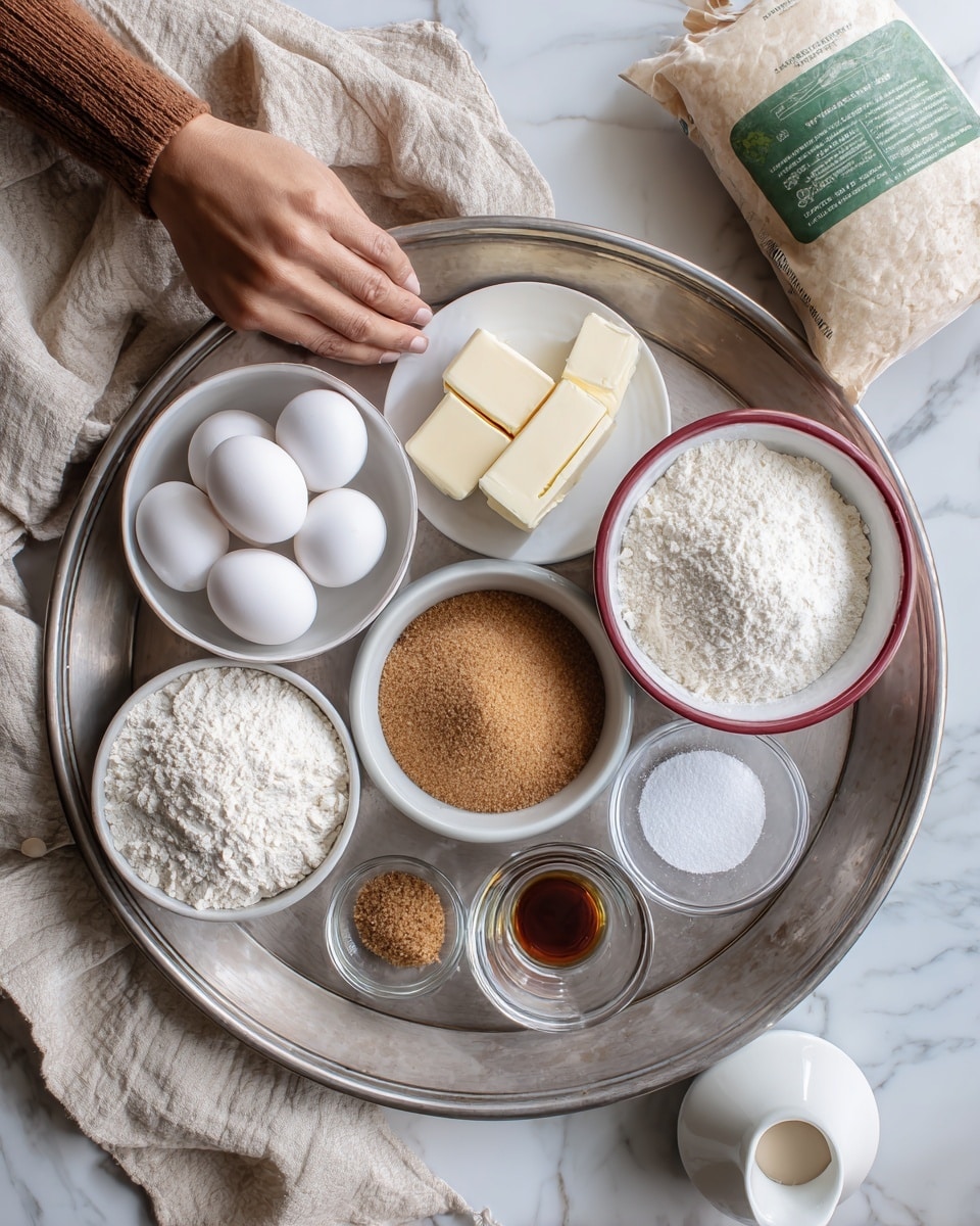 A round metal tray holds various ingredients for baking arranged neatly: on the left, a small white bowl with four white eggs, next to the top center a small white plate with two sticks of unsalted cream butter placed diagonally, on the right side near the top a white bowl with a red rim filled with white flour, below it a white bowl filled with brown sugar, next to the center a small white bowl of granulated white sugar, on the bottom right several small glass bowls contain vanilla extract, baking powder, salt, and a brownish spice, while a white ceramic container with a small spout is also on the tray; the whole scene is on a white marbled surface with a beige cloth and a green and cream colored bag of flour in the top left corner, a woman's hand gently touching the edge of the tray photo taken with an iphone --ar 4:5 --v 7